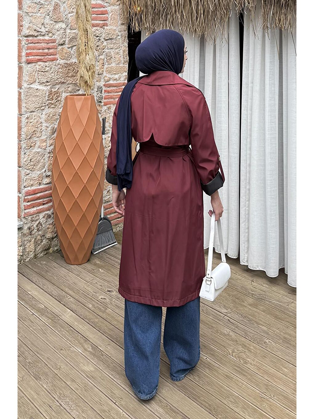 Kolu Katlamalı Trenç Bordo-3