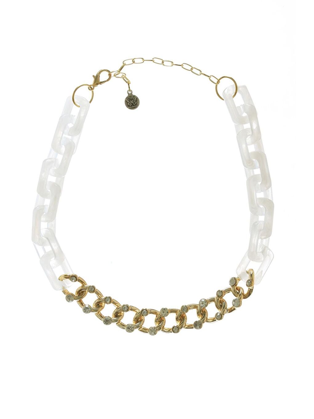 Kadın Kalın Zincir Formlu Beyaz &Altın Renk Geçirmeli Akrilik Tasarım Kolye