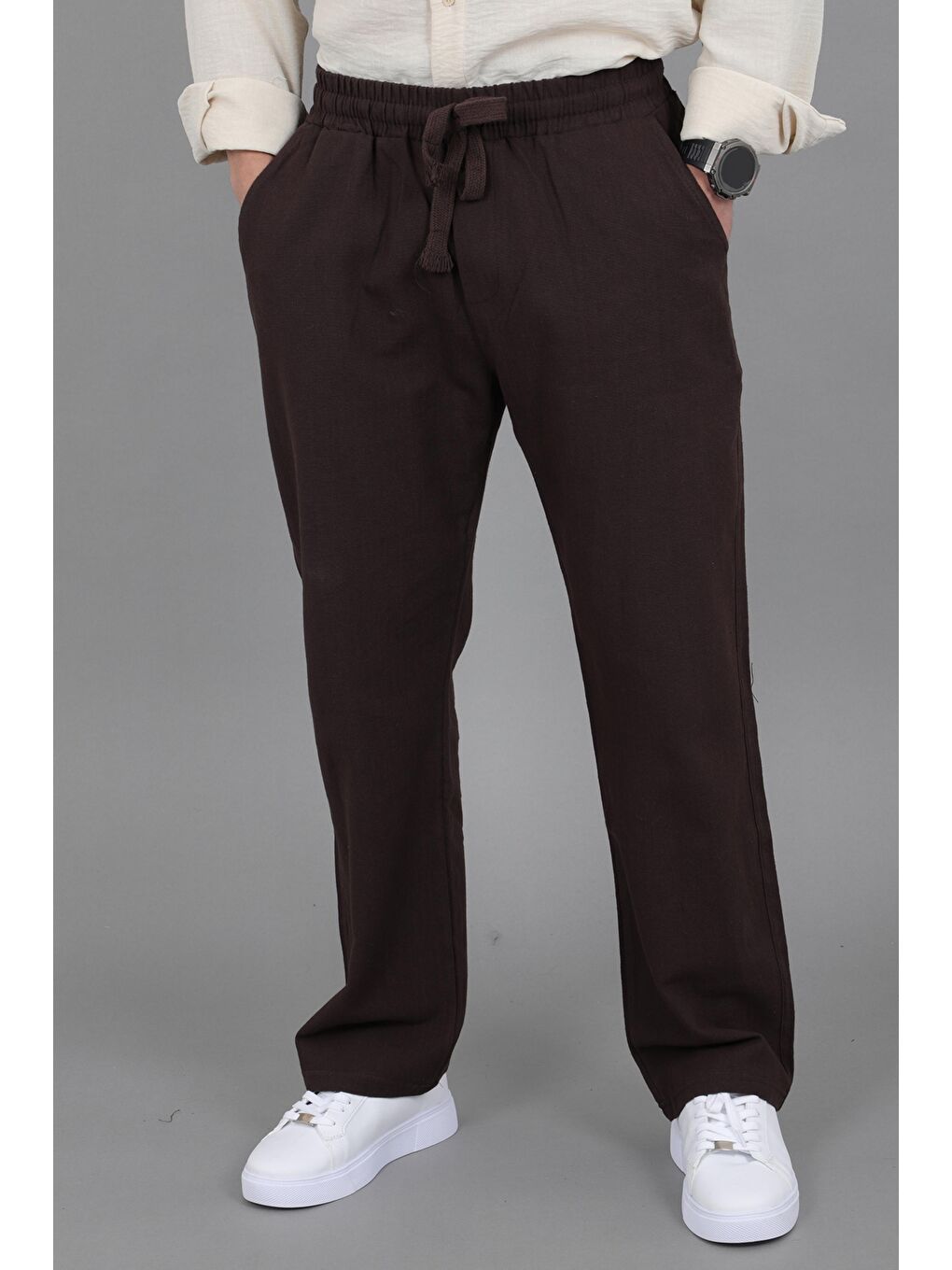 Kahverengi Yıkamalı Keten Baggy Pantolon SPR 2313_0445