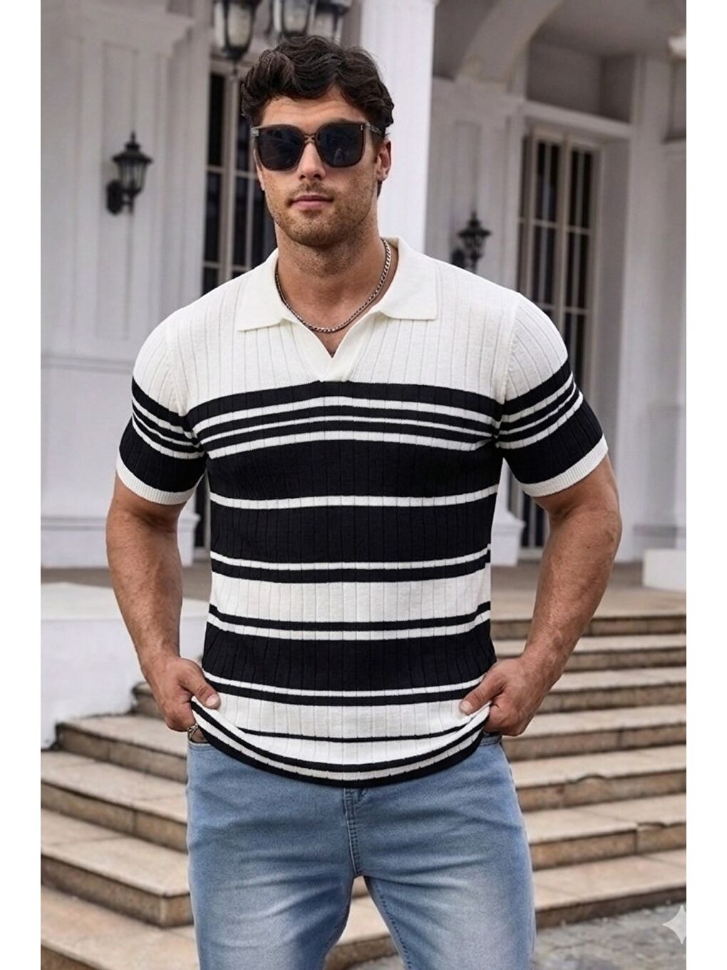 Beyaz Erkek Çizgili Triko Polo Yaka Slim Fit T-Shirt