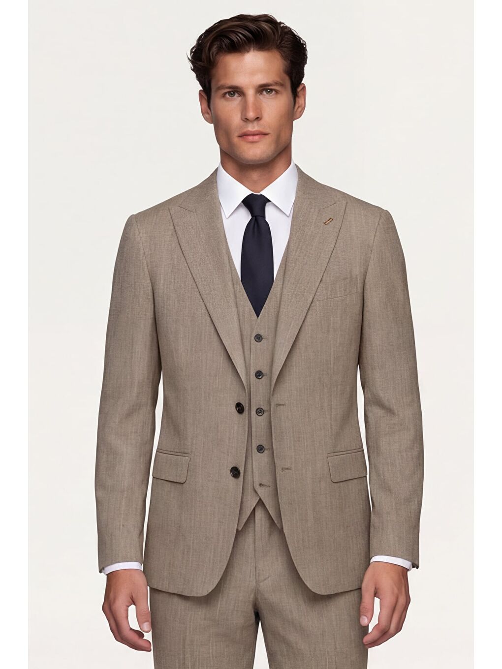 Giotelli Erkek Bej Dar Kesim Slim Fit Viskon 6 Drop Yelekli Takım Elbise