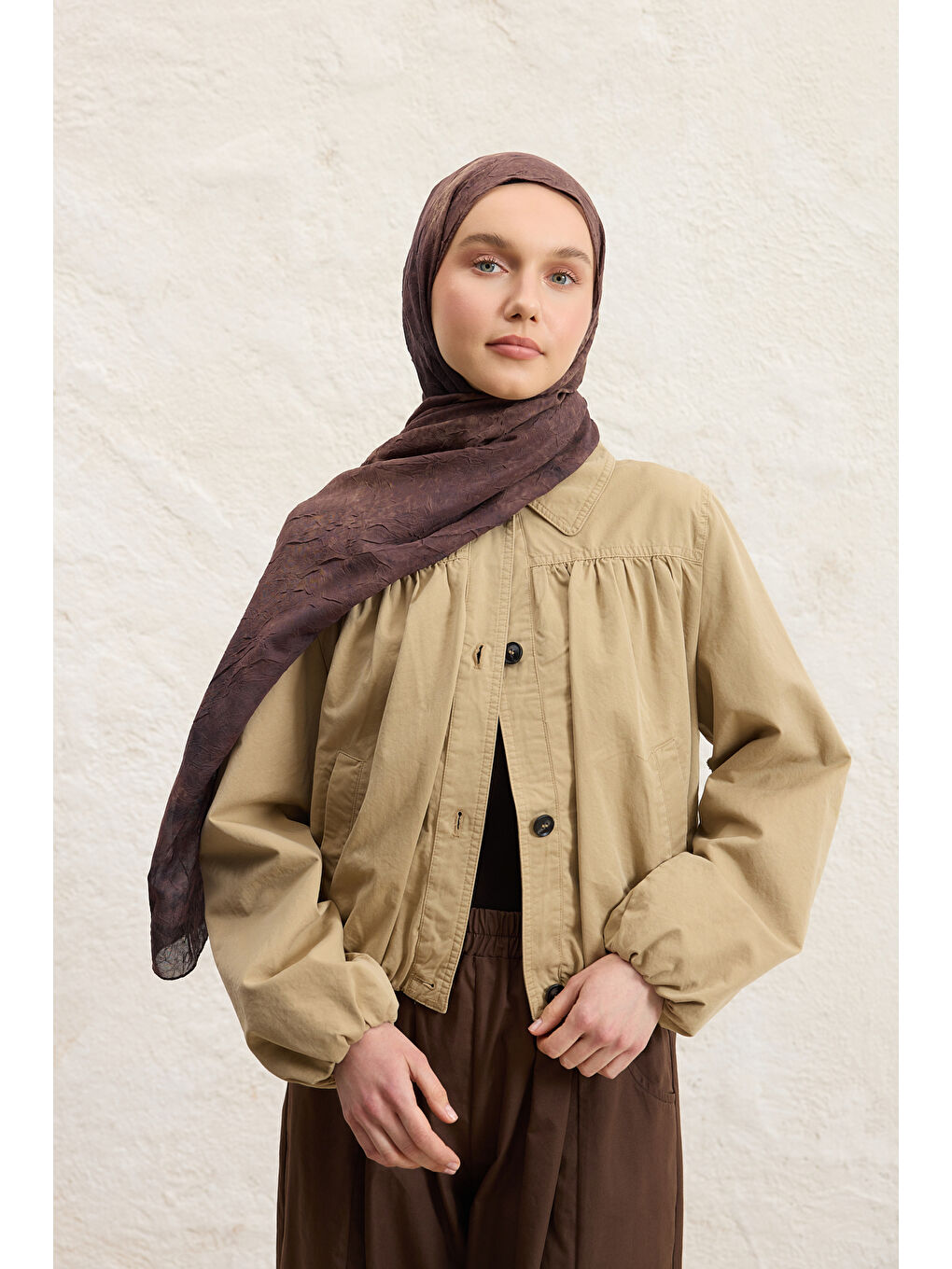 Kahverengi Vela Desenli Pamuk Şal Acı Kahve-1