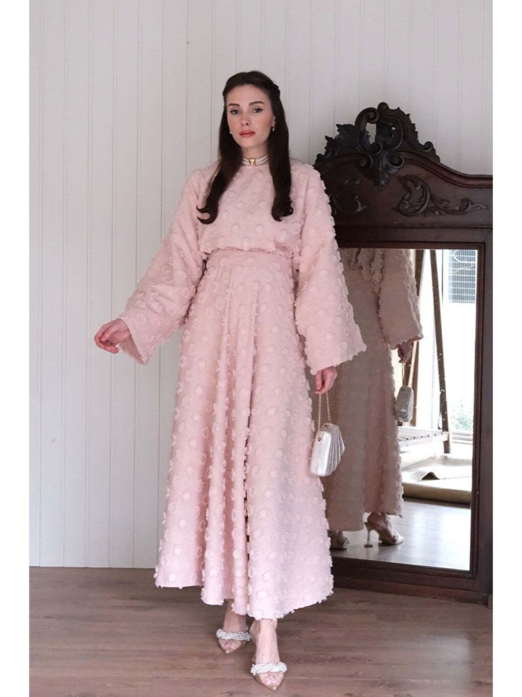 Pembe Pudra Püskül Detay Etek Takım-2