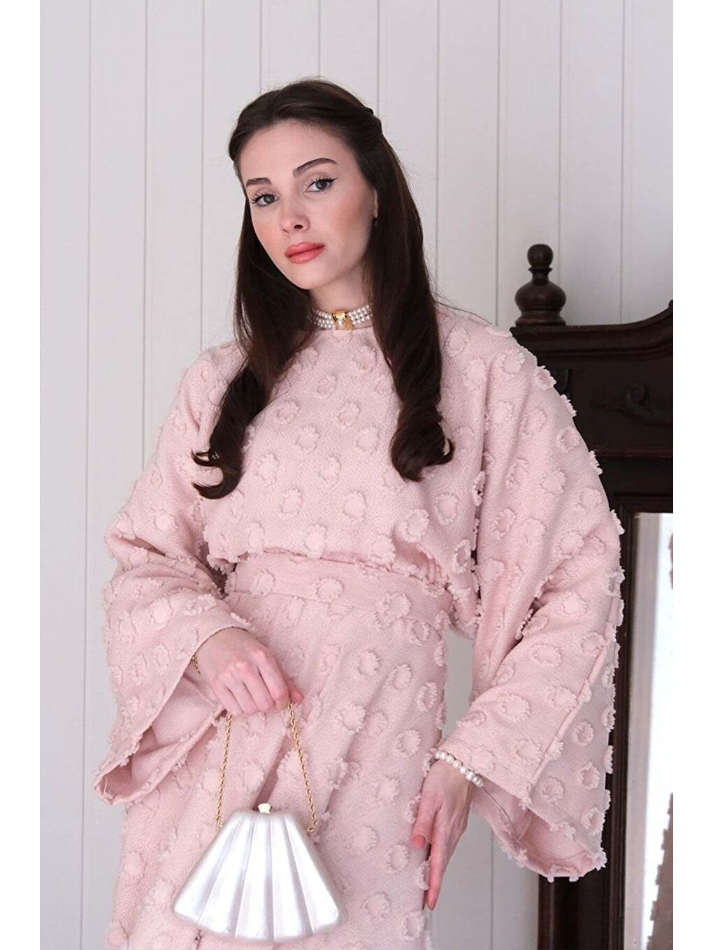 Pembe Pudra Püskül Detay Etek Takım-4