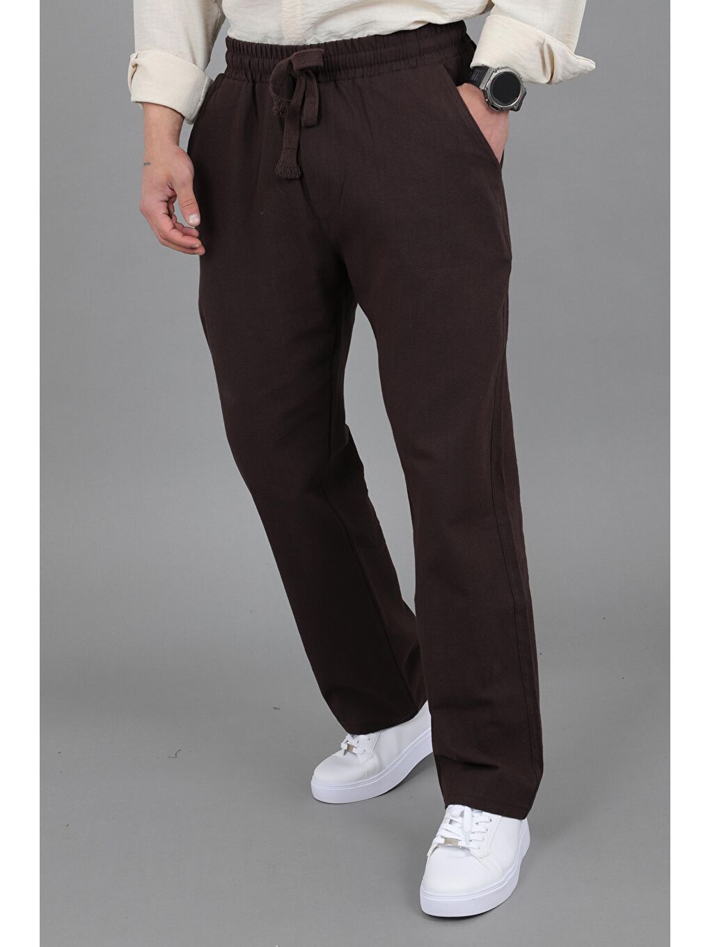 Kahverengi Yıkamalı Keten Baggy Pantolon SPR 2313_0445-1