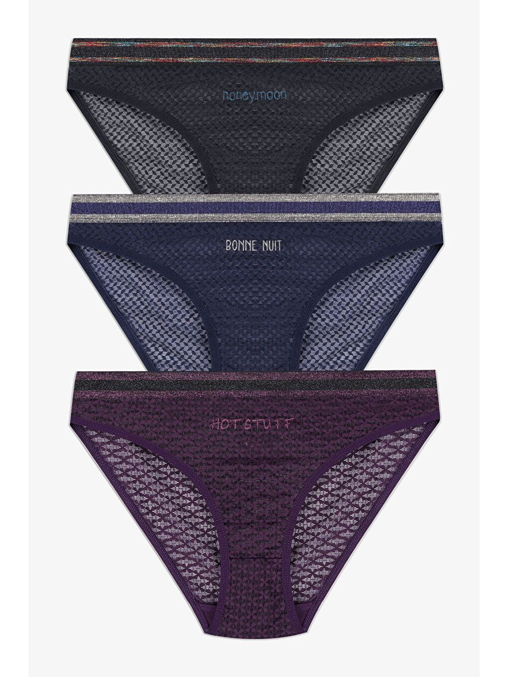 Lacivert Kadın 3'lü Dantelli - Baskılı Külot