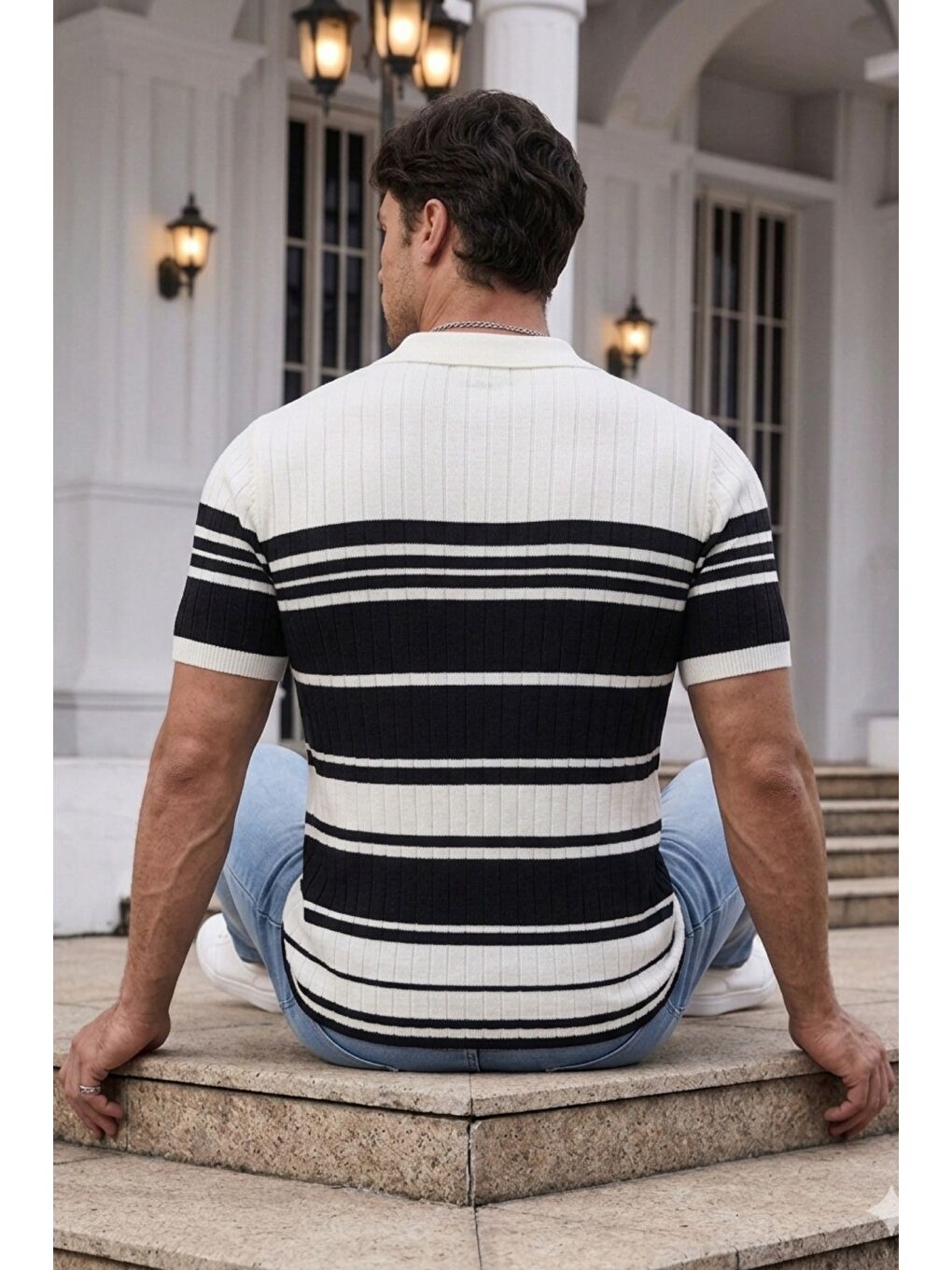 Beyaz Erkek Çizgili Triko Polo Yaka Slim Fit T-Shirt-1