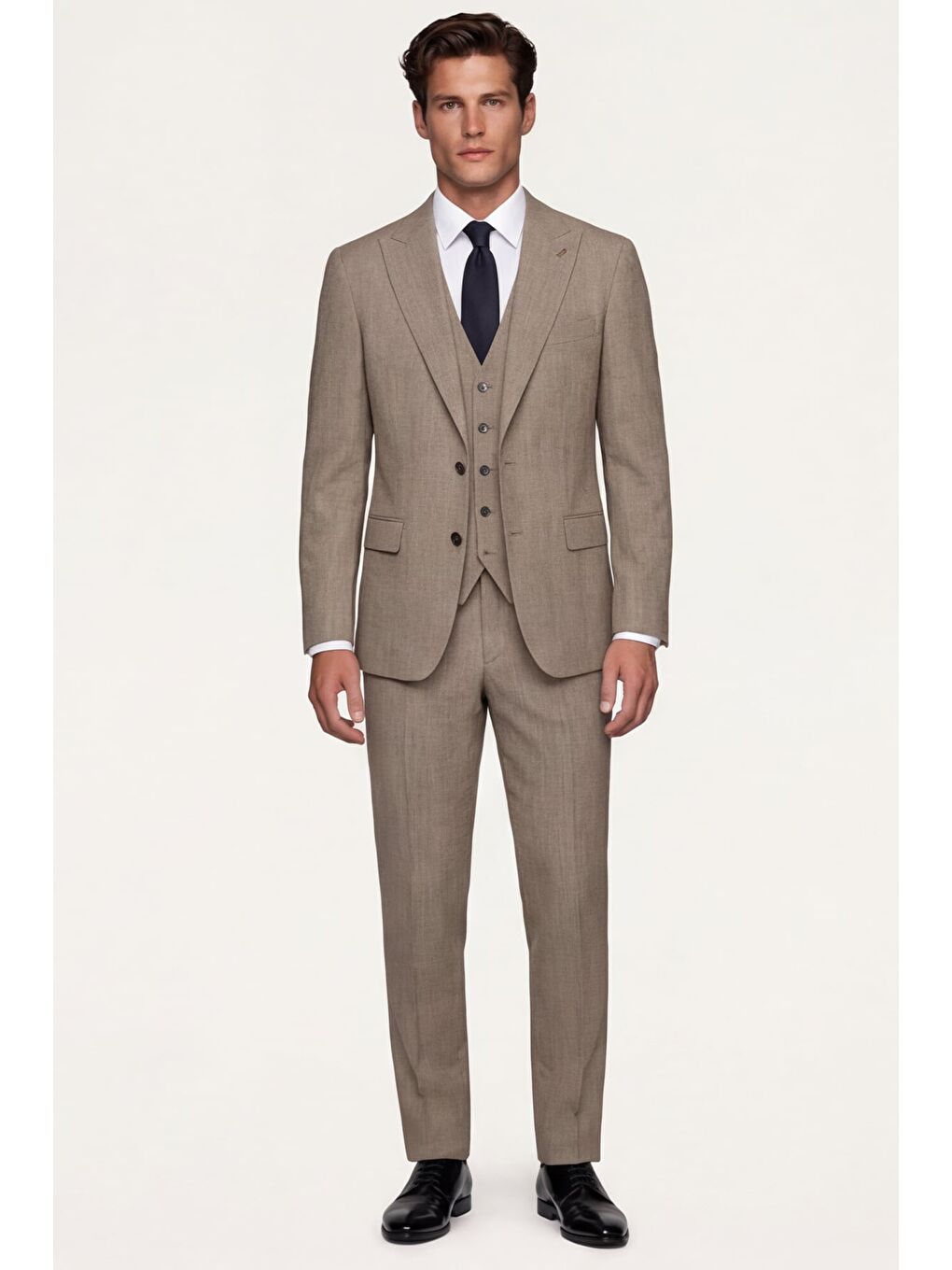 Giotelli Erkek Bej Dar Kesim Slim Fit Viskon 6 Drop Yelekli Takım Elbise-1
