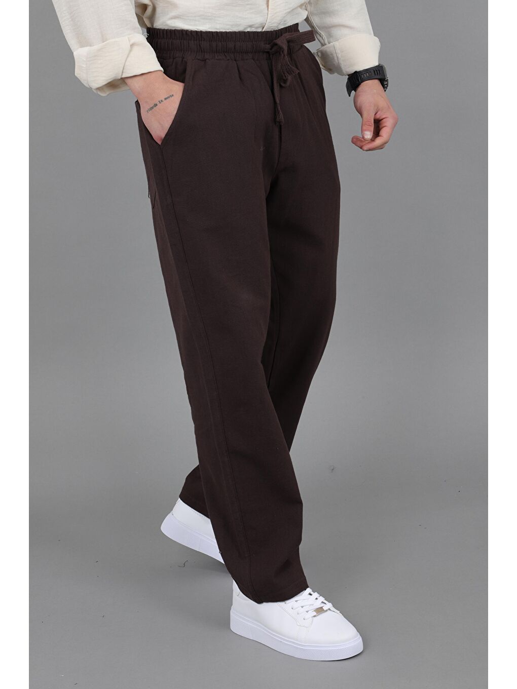 Kahverengi Yıkamalı Keten Baggy Pantolon SPR 2313_0445-2