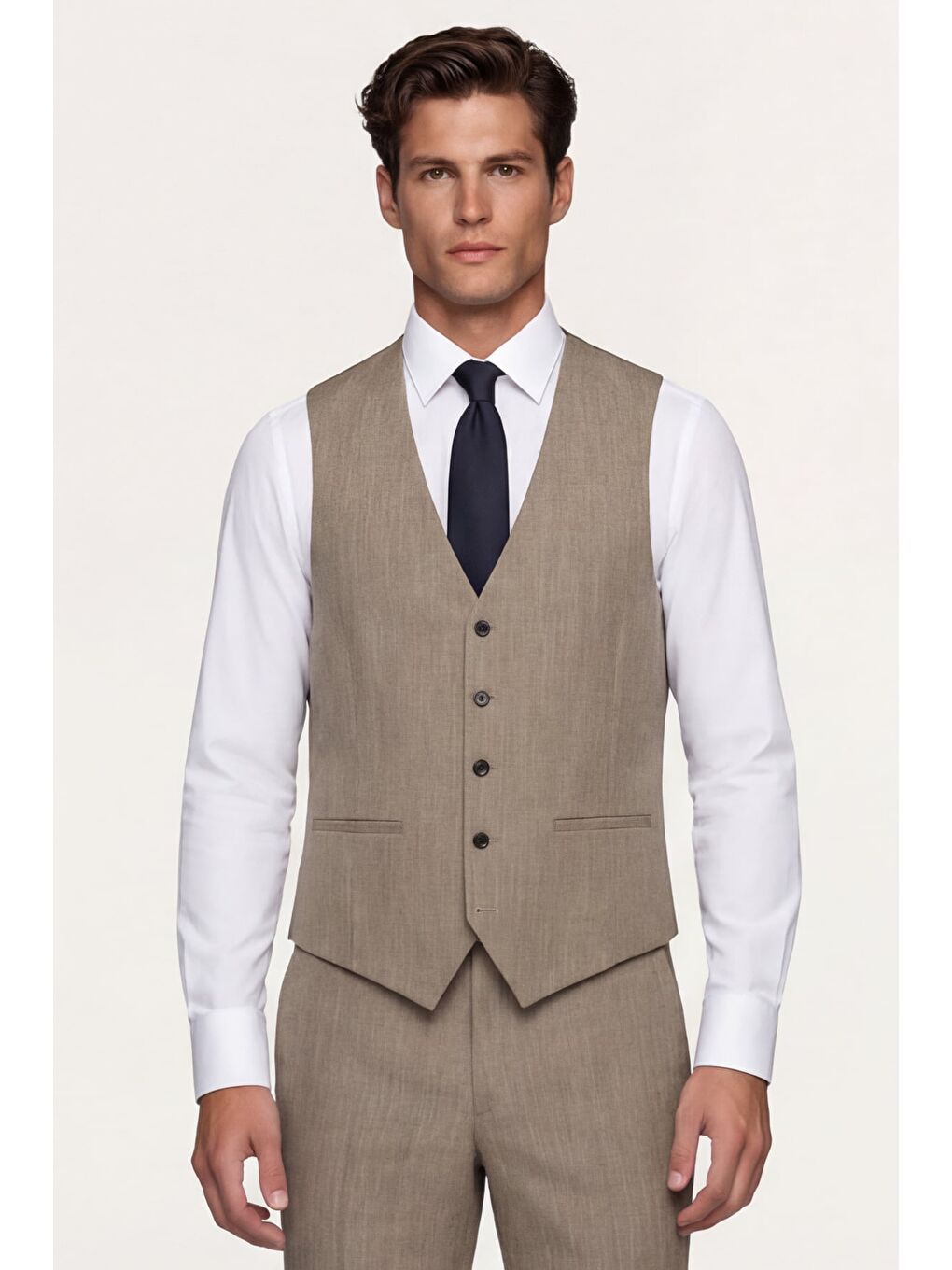 Giotelli Erkek Bej Dar Kesim Slim Fit Viskon 6 Drop Yelekli Takım Elbise-2
