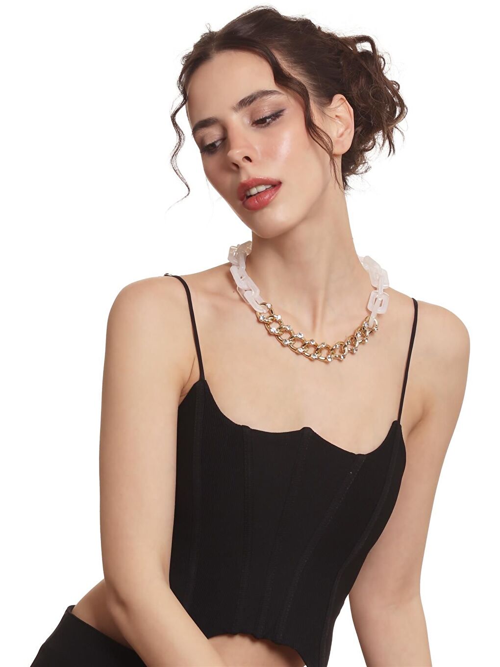 Kadın Kalın Zincir Formlu Beyaz &Altın Renk Geçirmeli Akrilik Tasarım Kolye-2