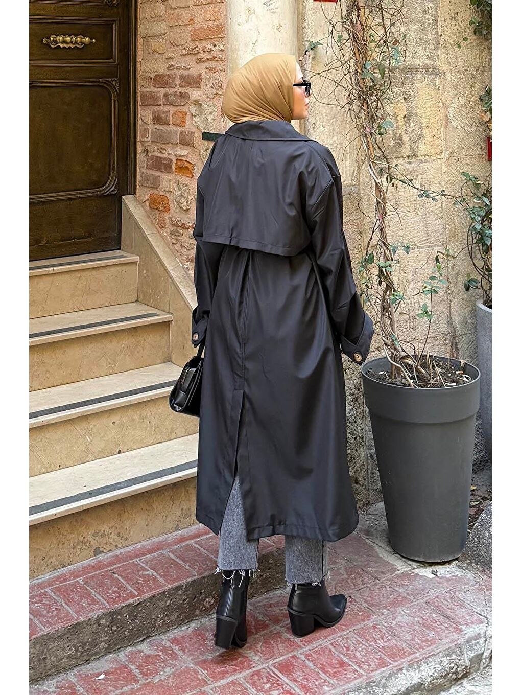 Kruvaze Oversize Trenç Siyah-3