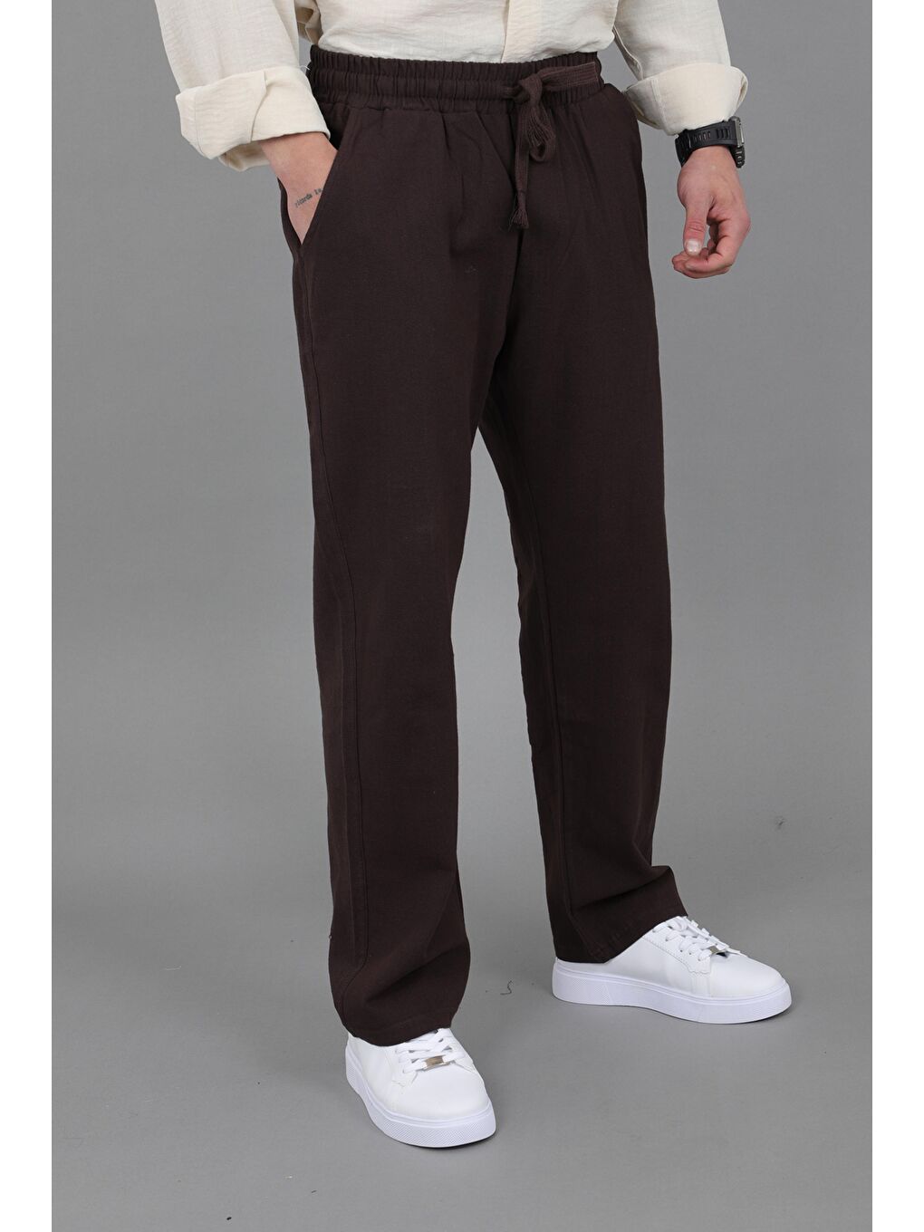 Kahverengi Yıkamalı Keten Baggy Pantolon SPR 2313_0445-3