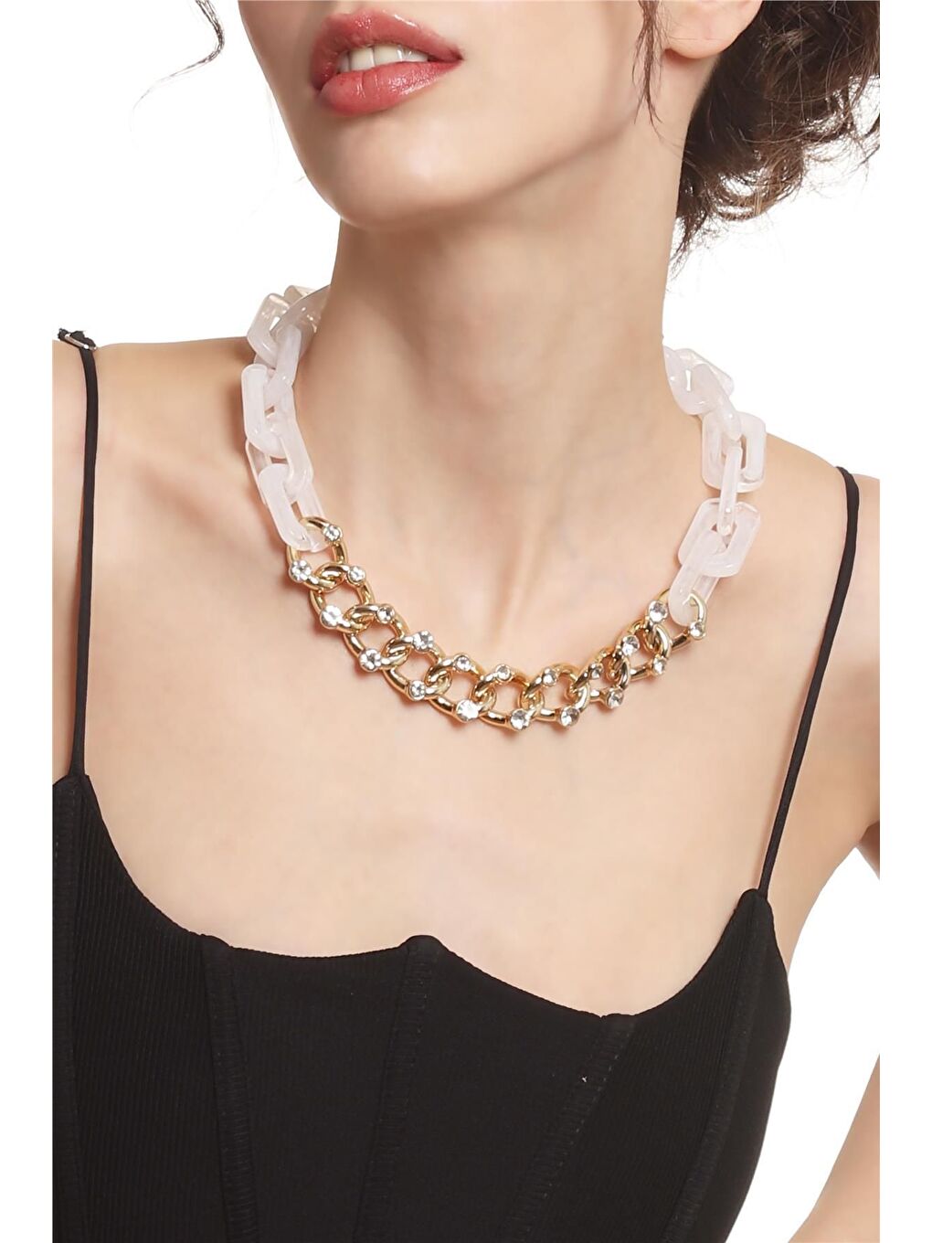 Kadın Kalın Zincir Formlu Beyaz &Altın Renk Geçirmeli Akrilik Tasarım Kolye-1