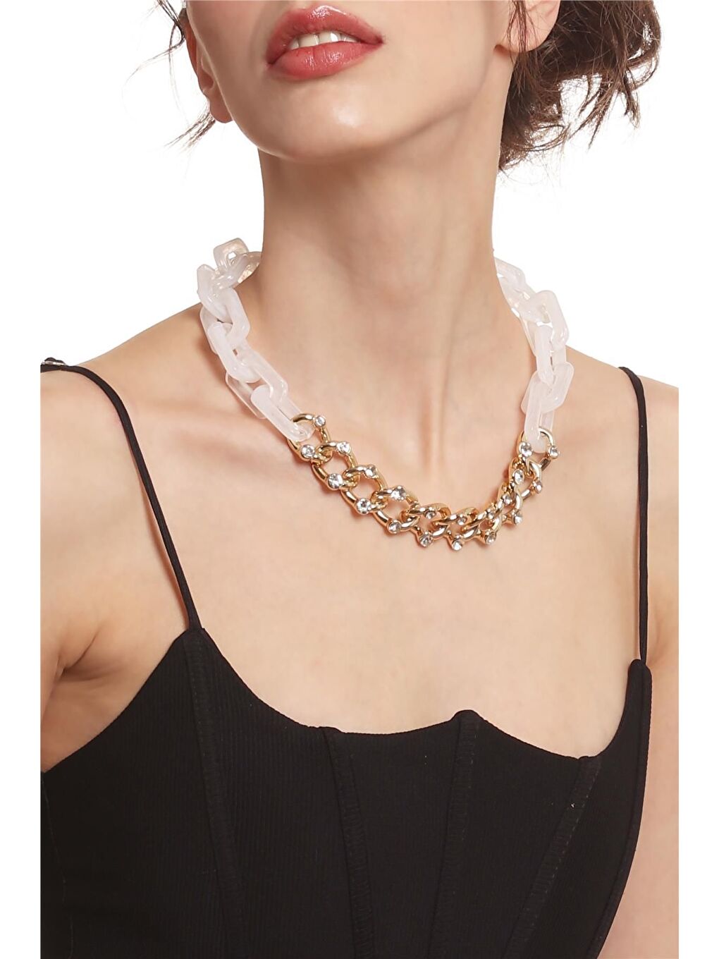 Kadın Kalın Zincir Formlu Beyaz &Altın Renk Geçirmeli Akrilik Tasarım Kolye-3