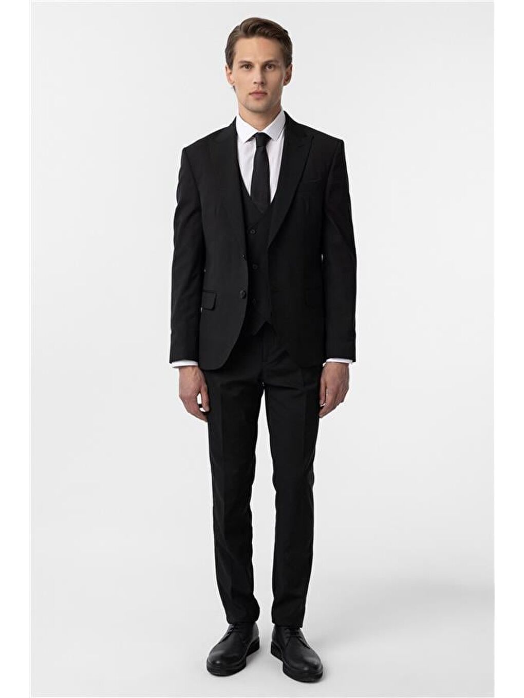 Siyah Slim Düz Sivri Yaka 6 Drop Yelekli Takım Elbise