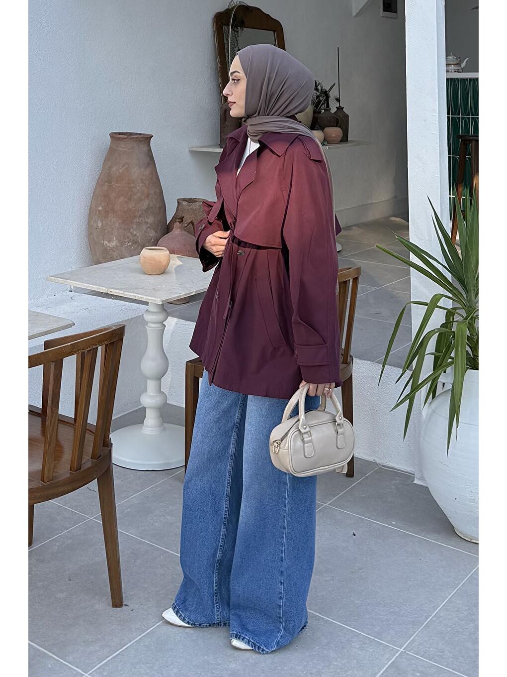 Omuz Apoletli Kısa Trençkot Bordo-1