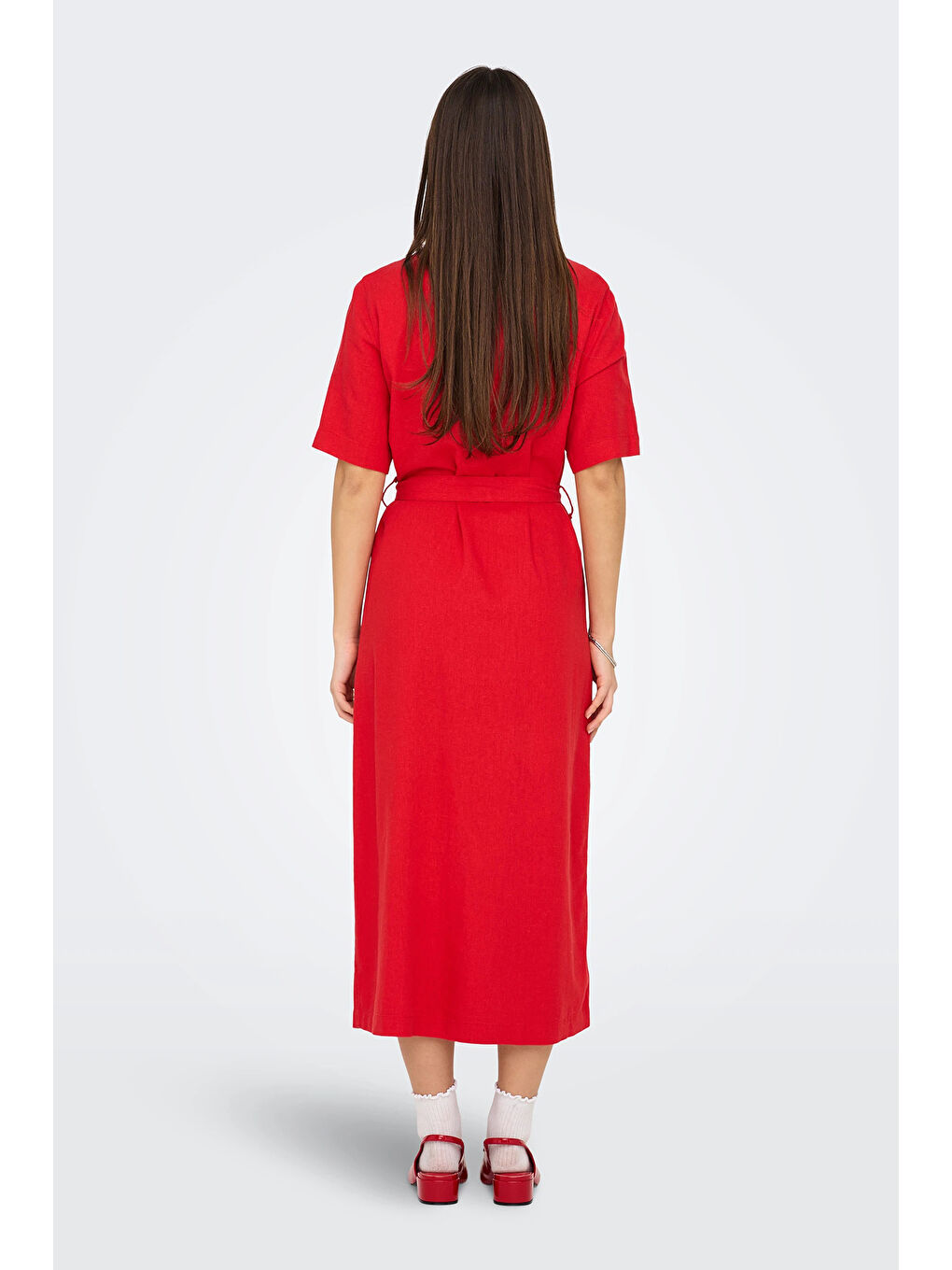 Kırmızı Onlcaro Keten Karışımlı Regular Fit Düğmeli Kemerli Midi Kadın Elbise 15338884-3