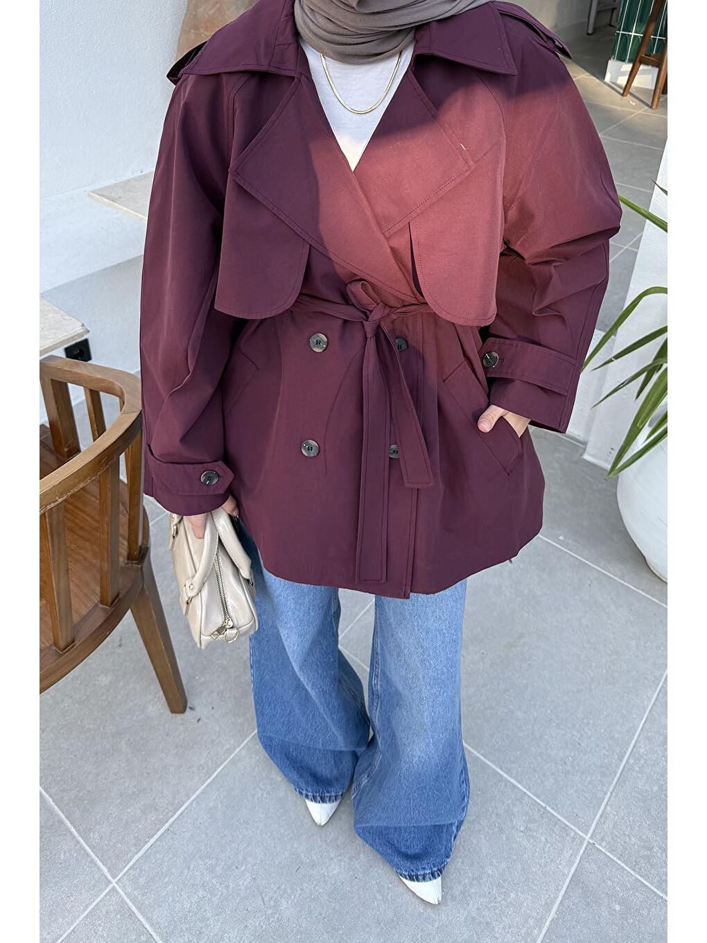 Omuz Apoletli Kısa Trençkot Bordo-2