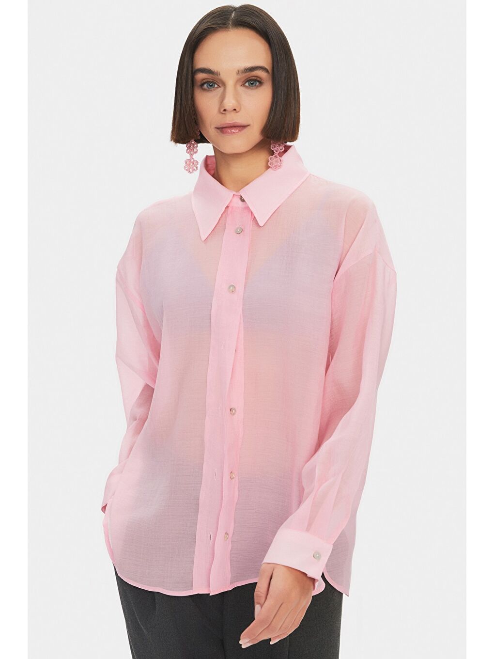 June Pembe Modal Karışımlı Oversize Basic Gömlek - 4