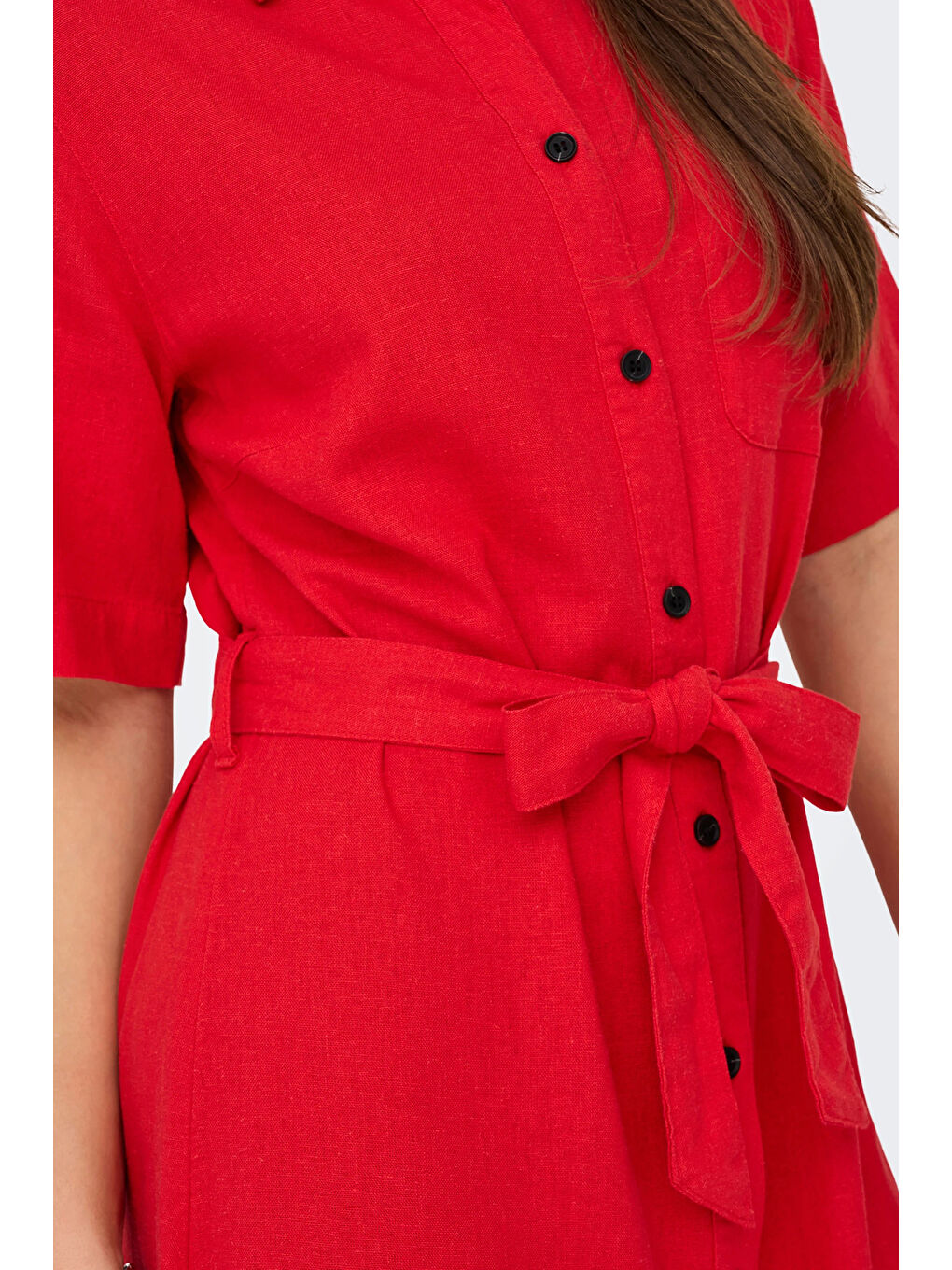 Kırmızı Onlcaro Keten Karışımlı Regular Fit Düğmeli Kemerli Midi Kadın Elbise 15338884-4