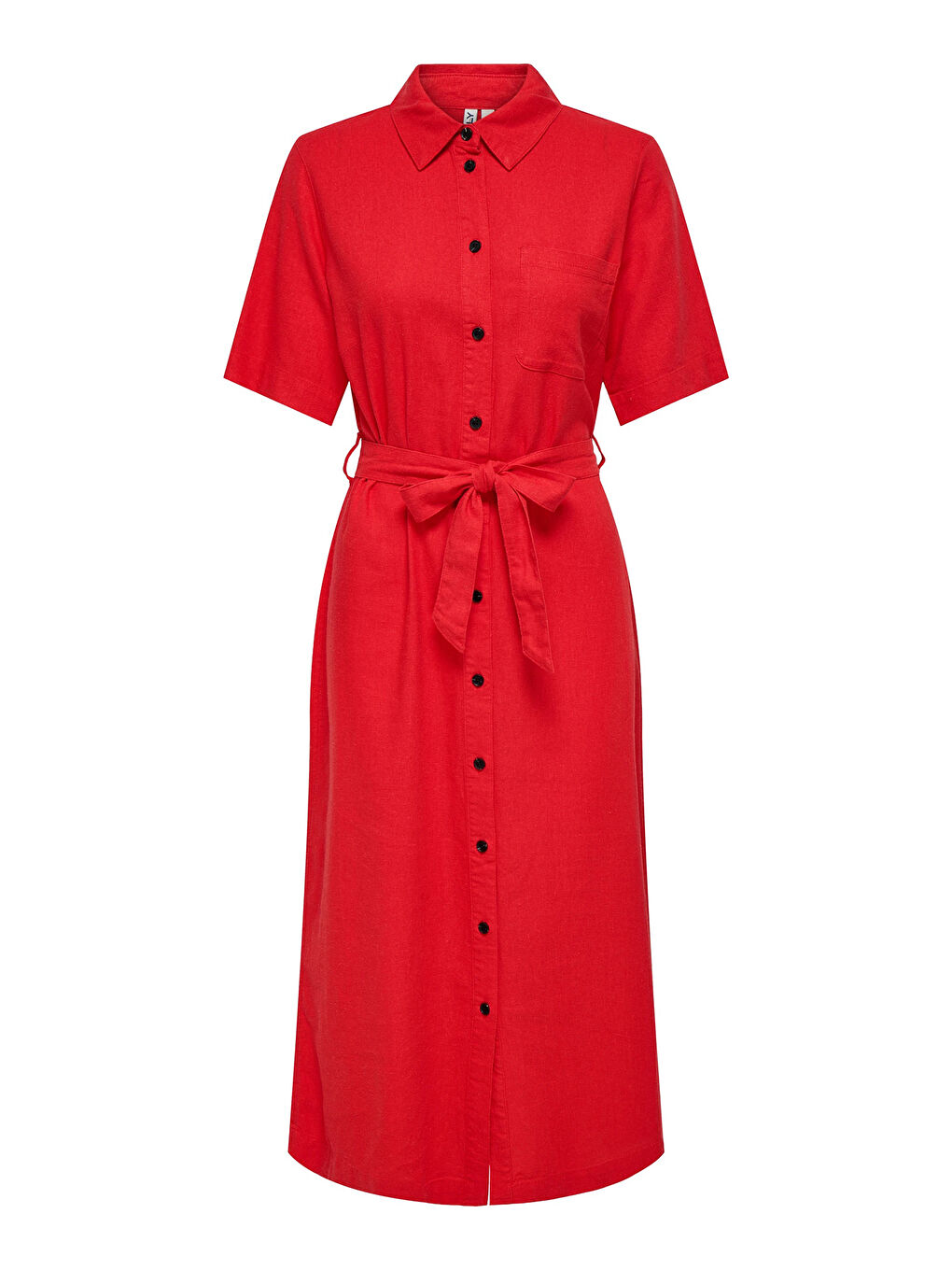 Kırmızı Onlcaro Keten Karışımlı Regular Fit Düğmeli Kemerli Midi Kadın Elbise 15338884-5