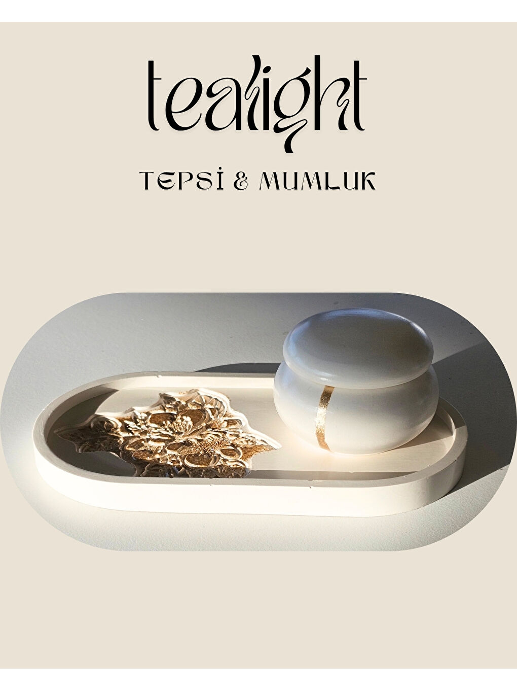Beyaz Tealight Mumluk & Tepsi Seti | Özel Tasarım | Kabartmalı Desen | 3 Parça | Gold Boyama-2