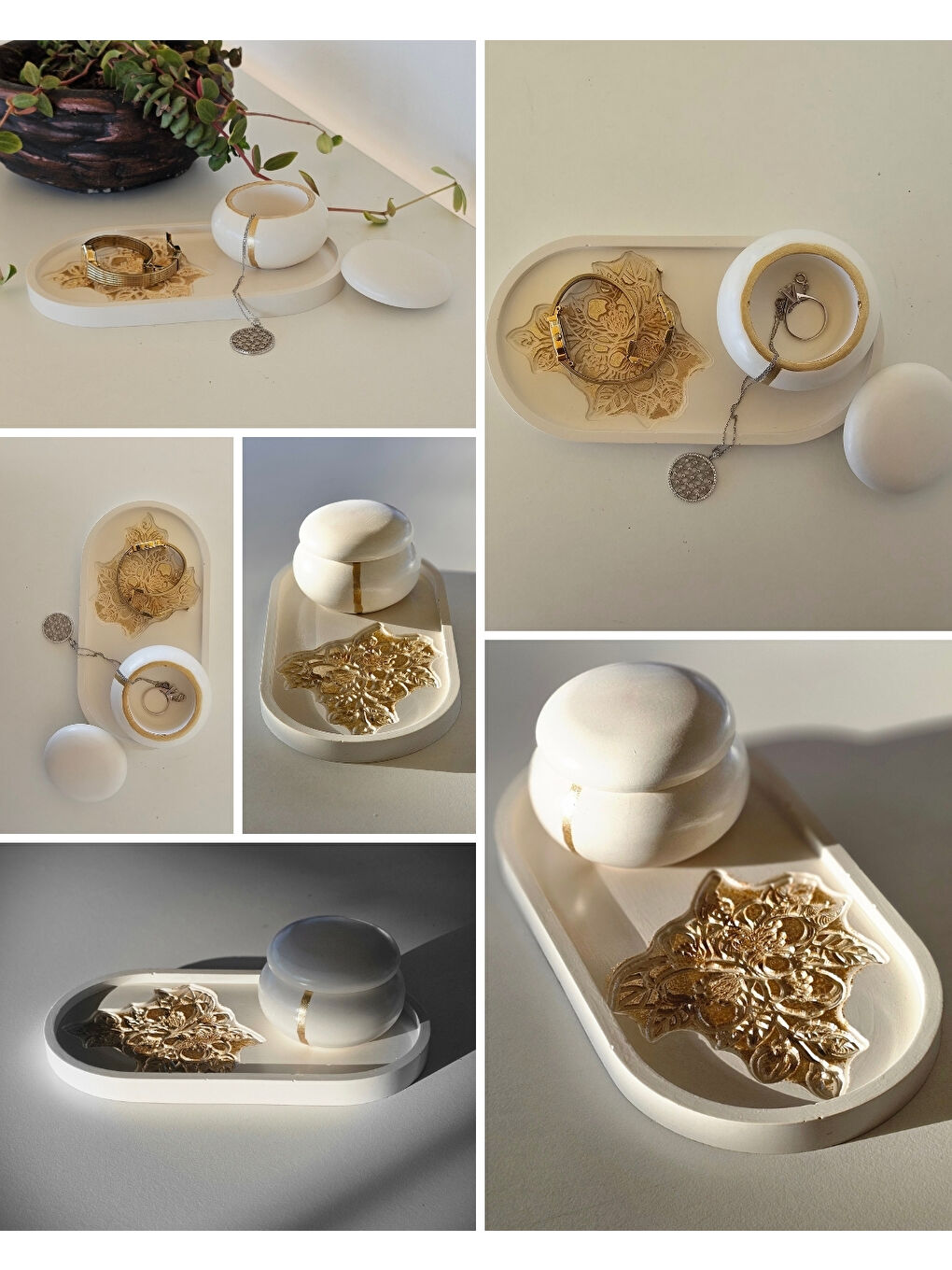 Beyaz Tealight Mumluk & Tepsi Seti | Özel Tasarım | Kabartmalı Desen | 3 Parça | Gold Boyama-3