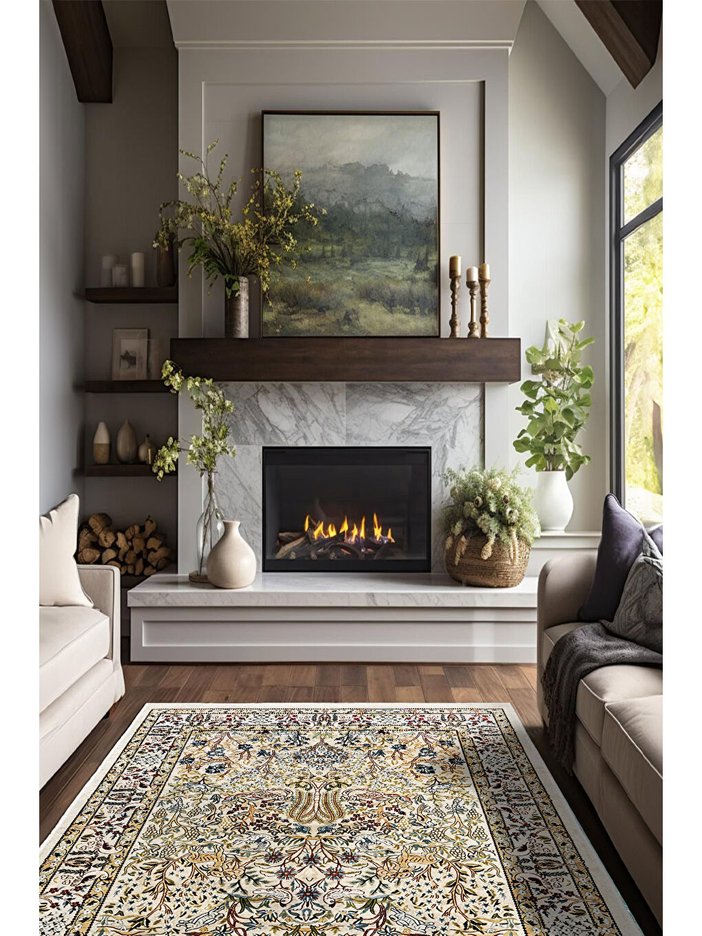 Ekru Dekoratif Özel Tasarım Yıkanabilir İnce Kaymaz Tabanlı Modern Halı KECE FR06-2