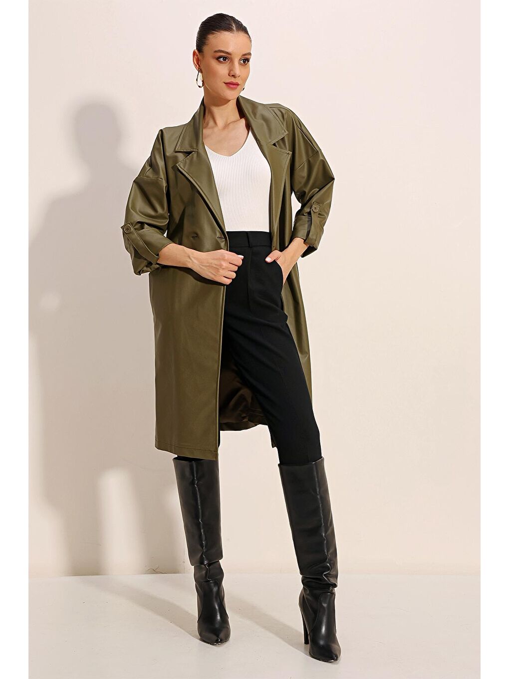 1034 Kuşaklı Suni Deri Trençkot - Haki-1