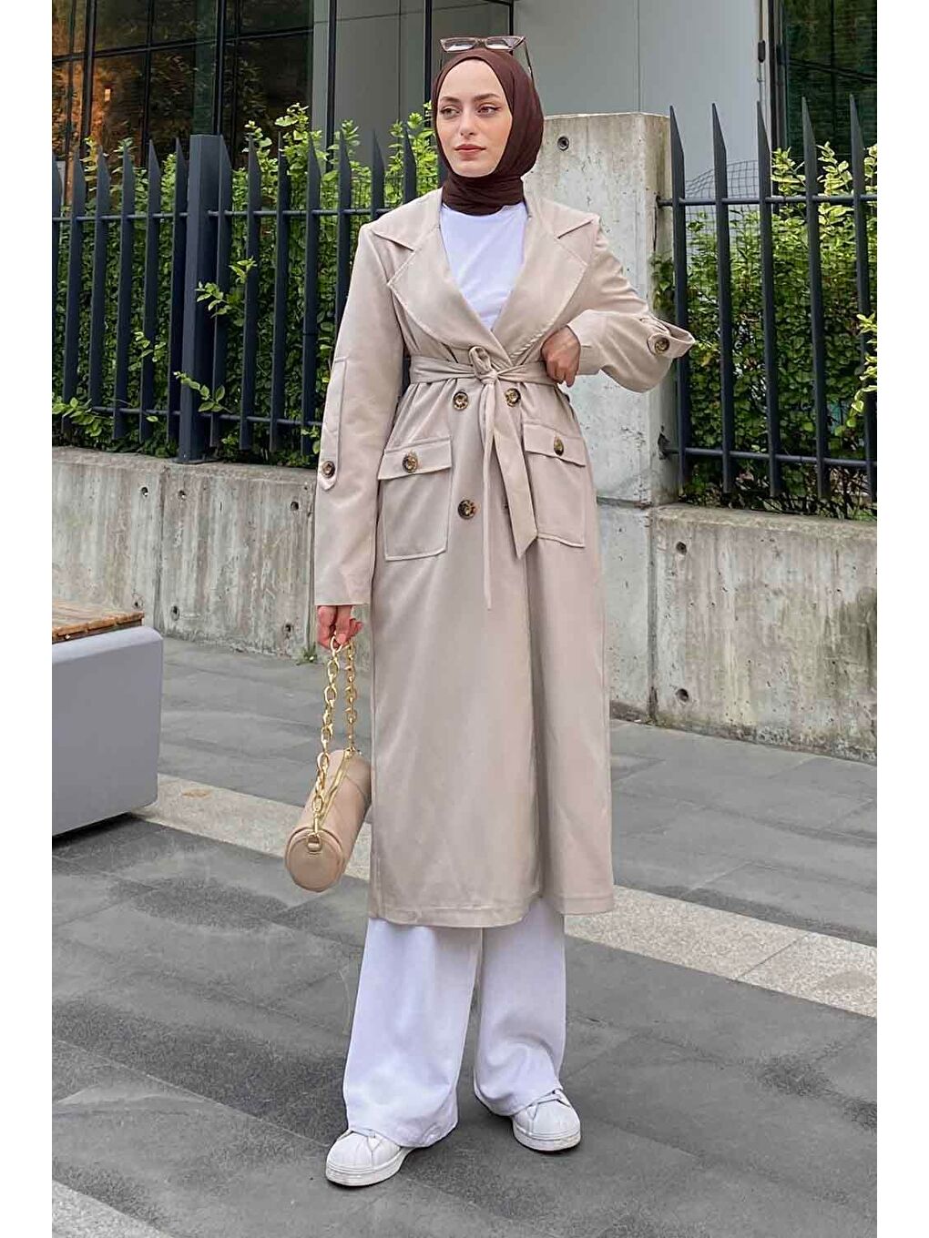 Bej Pelican Ön Düğmeli Trençkot Taş-1