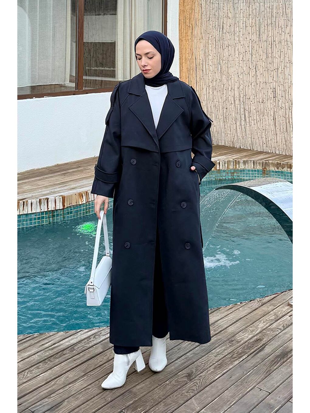 Fleto Cep Omuz Apoletli Trençkot Lacivert