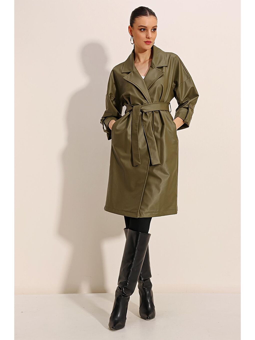 1034 Kuşaklı Suni Deri Trençkot - Haki-2