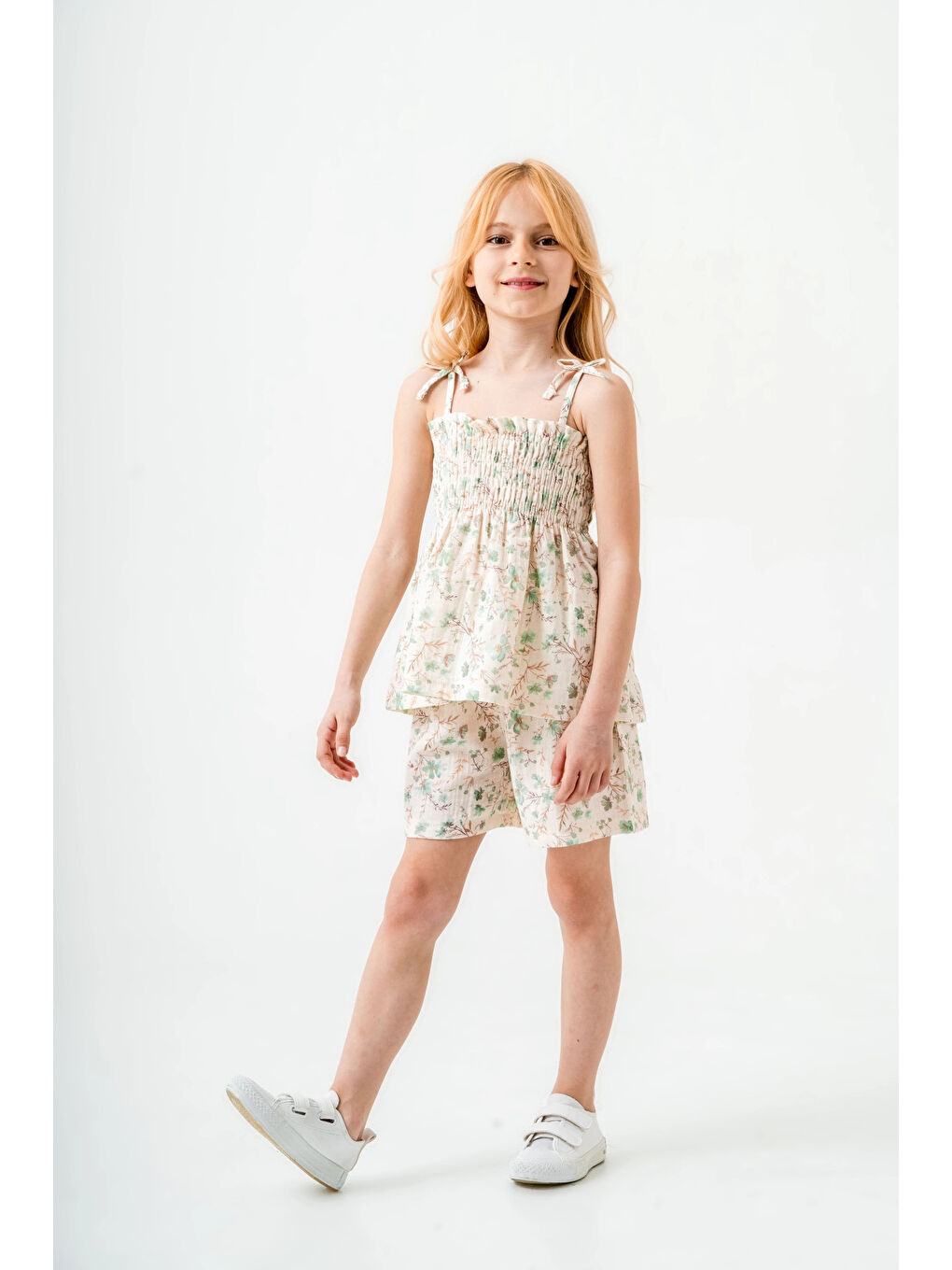 Yeşil Çiçek Desenli İnce Askılı Kız Çocuk Takım 3818-3