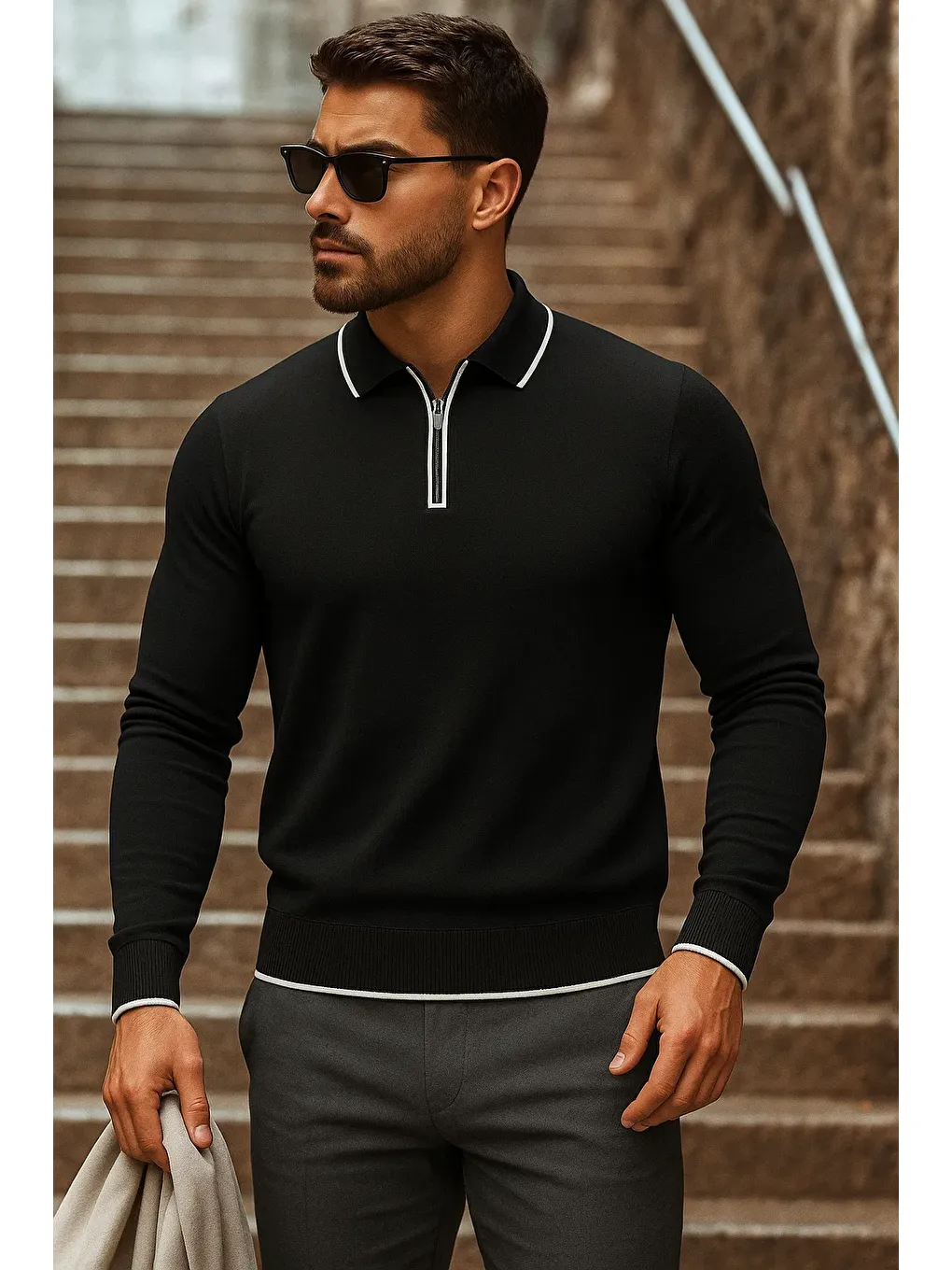 Erkek Trend Fermuarlı Uzun Kollu Siyah Polo Yaka Kazak