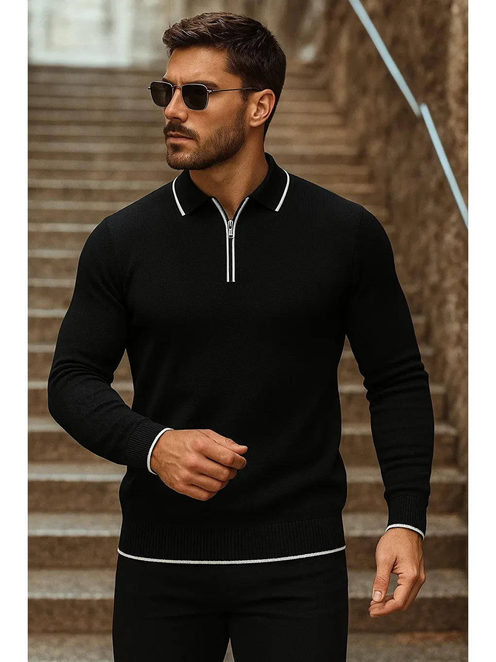 Erkek Trend Fermuarlı Uzun Kollu Siyah Polo Yaka Kazak-1