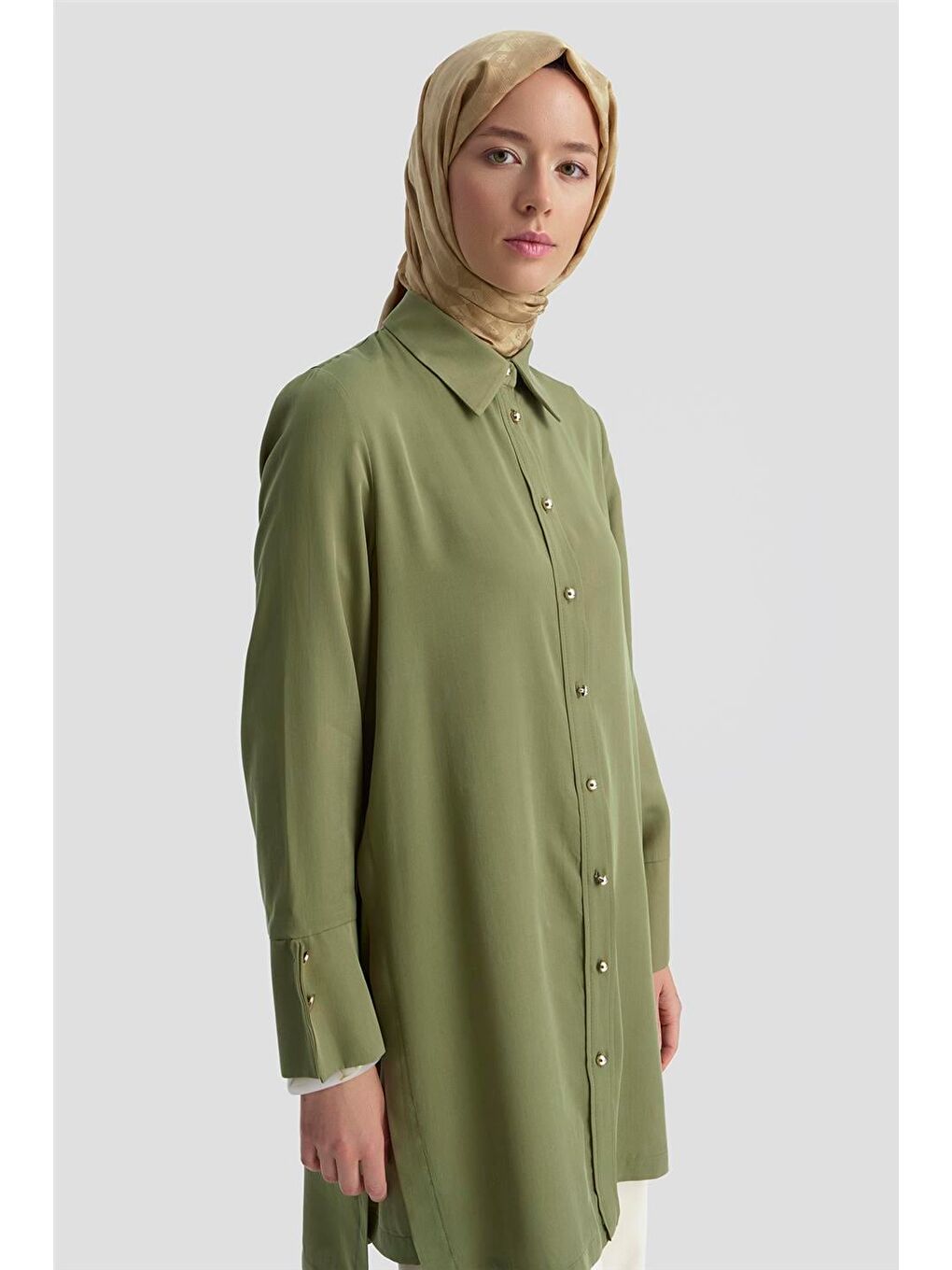 Kalın Manşetli Lyocell Tunik 25Kd4012 Haki-2