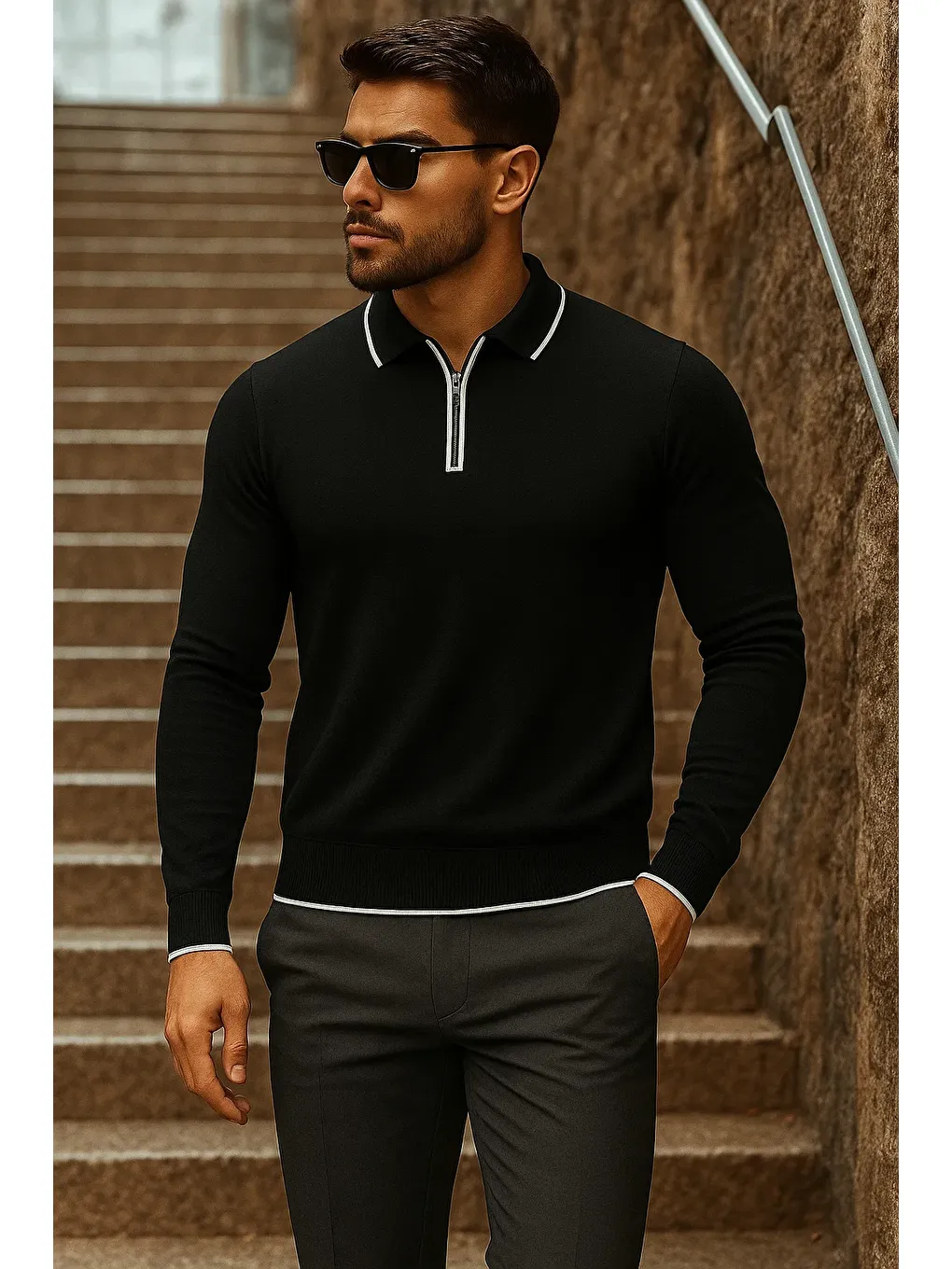 Erkek Trend Fermuarlı Uzun Kollu Siyah Polo Yaka Kazak-2