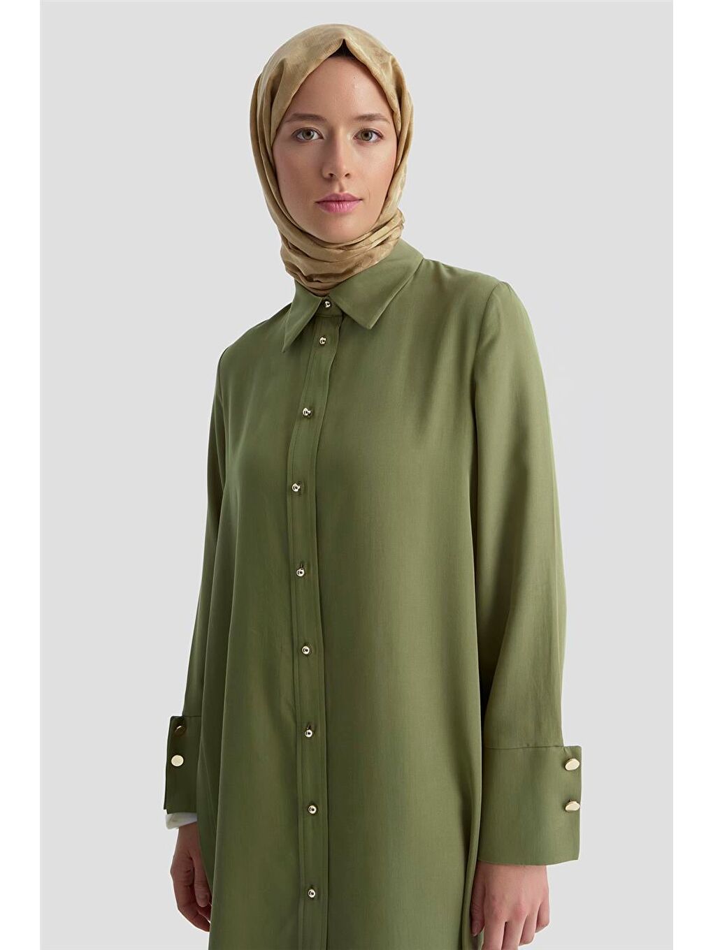 Kalın Manşetli Lyocell Tunik 25Kd4012 Haki-3