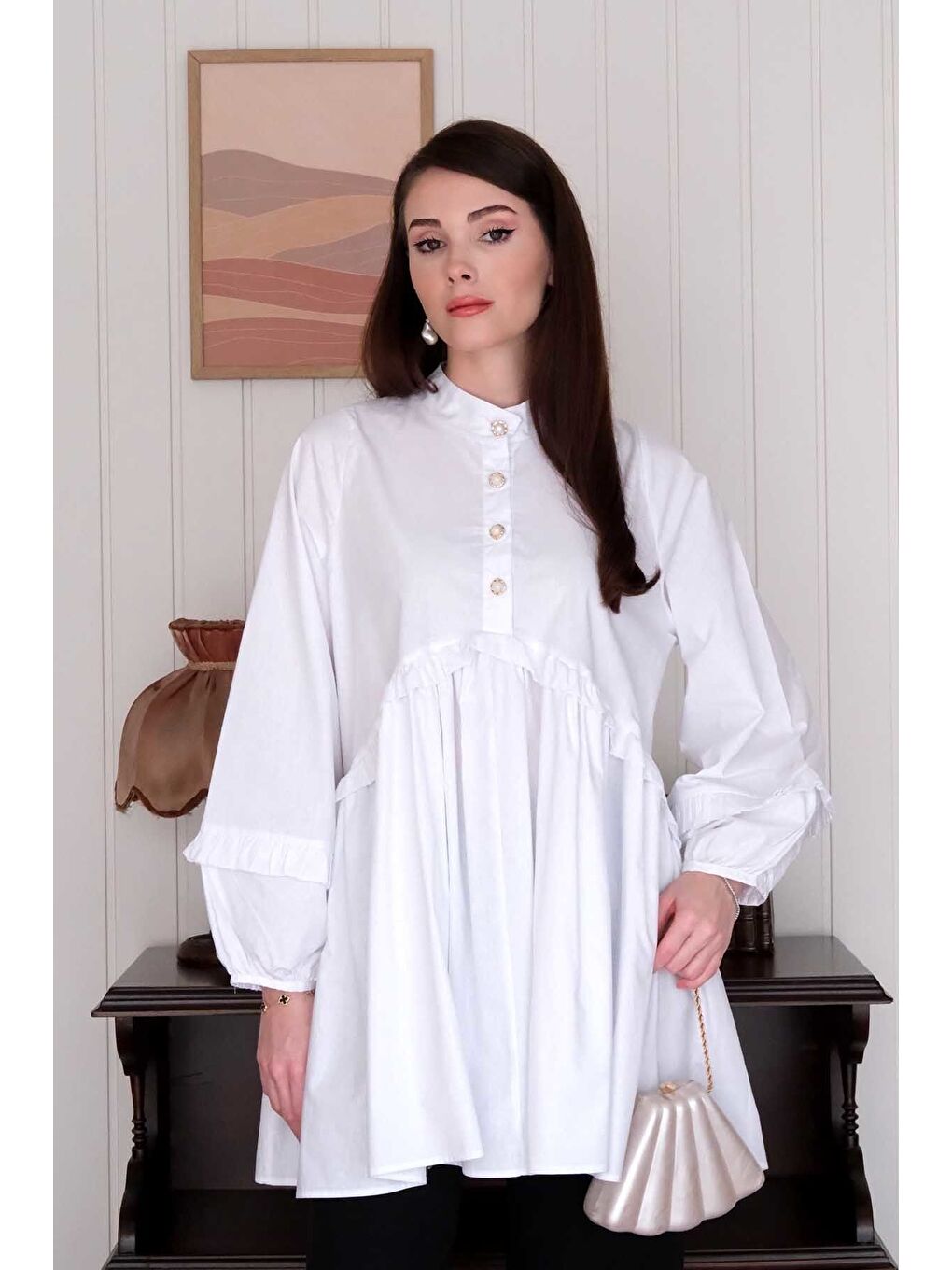 Beyaz İnci Detaylı Robalı Tunik Siyah Boru Paça Pantolon Takım-2