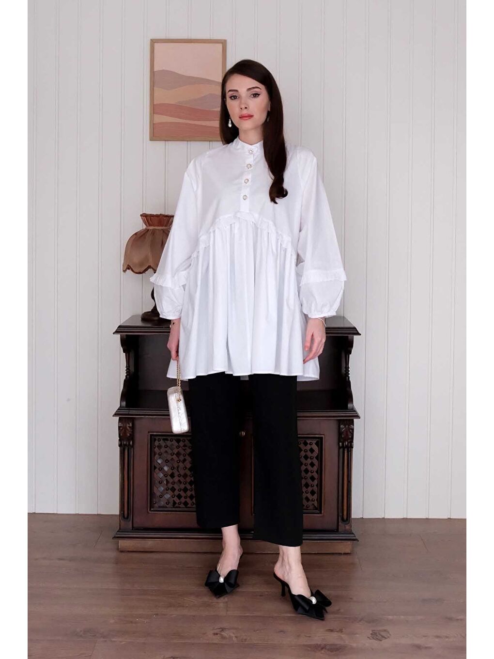 Beyaz İnci Detaylı Robalı Tunik Siyah Boru Paça Pantolon Takım-3