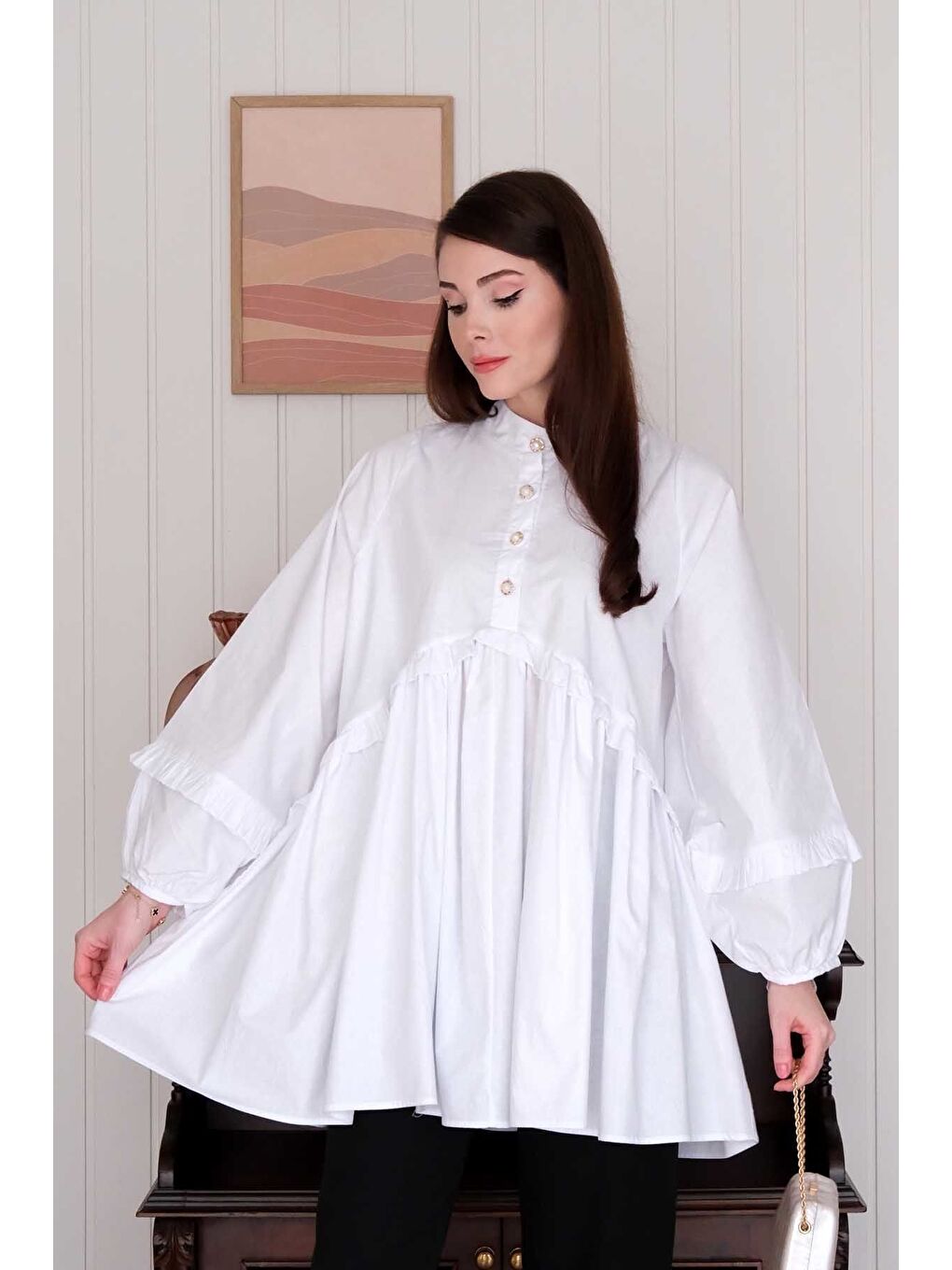 Beyaz İnci Detaylı Robalı Tunik Siyah Boru Paça Pantolon Takım-4