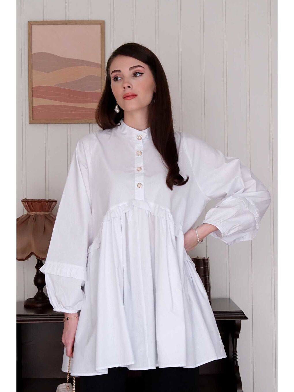 Beyaz İnci Detaylı Robalı Tunik Siyah Boru Paça Pantolon Takım-5