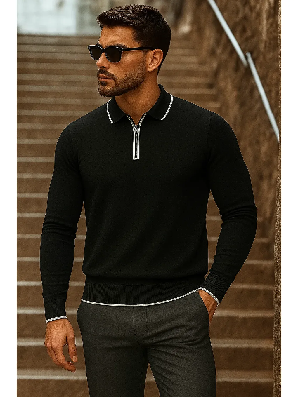 Erkek Trend Fermuarlı Uzun Kollu Siyah Polo Yaka Kazak-3