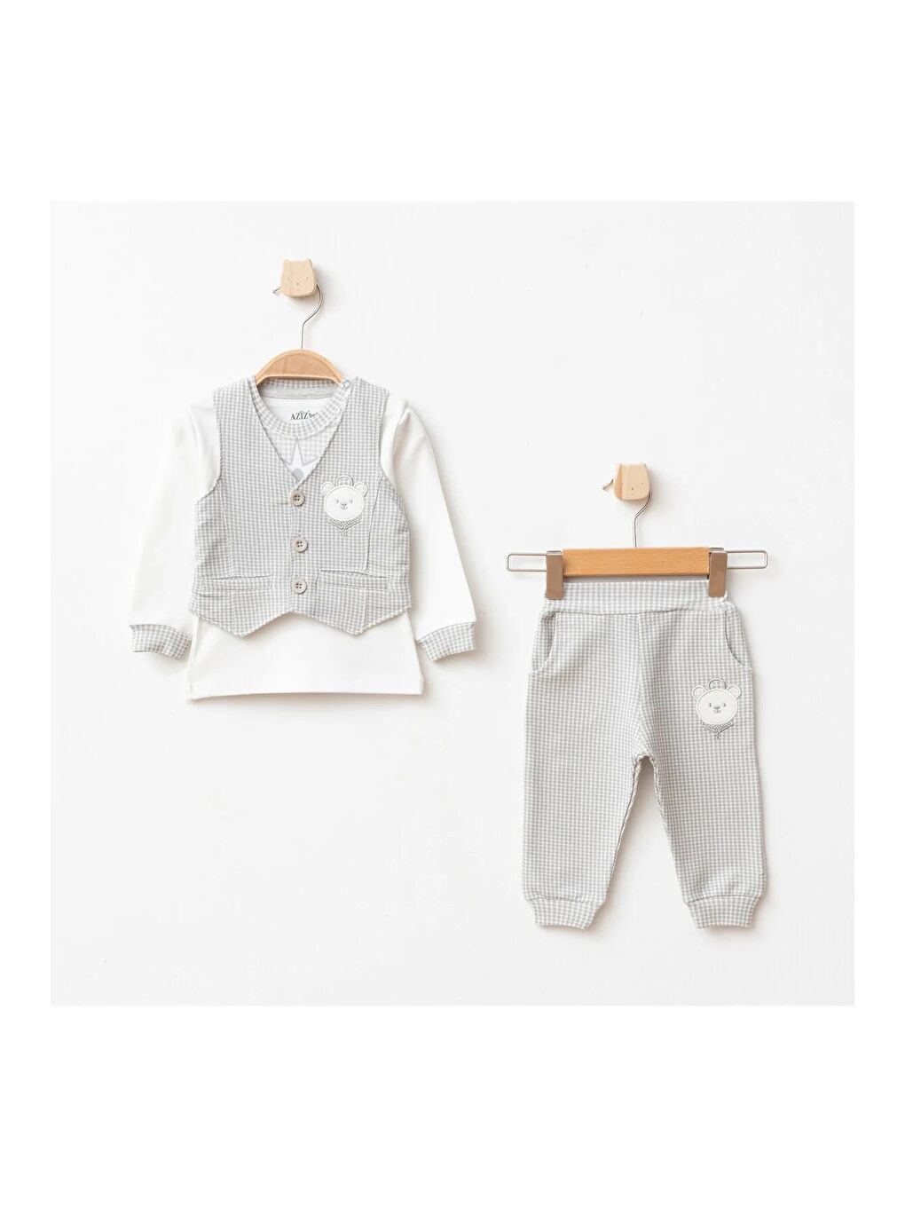 Gri Erkek Bebek Ayı Nakışlı Sweatshirt Yelek Pantolon 3 'lü Alt Üst Bebek Takımı 3 Ay - 36 Ay