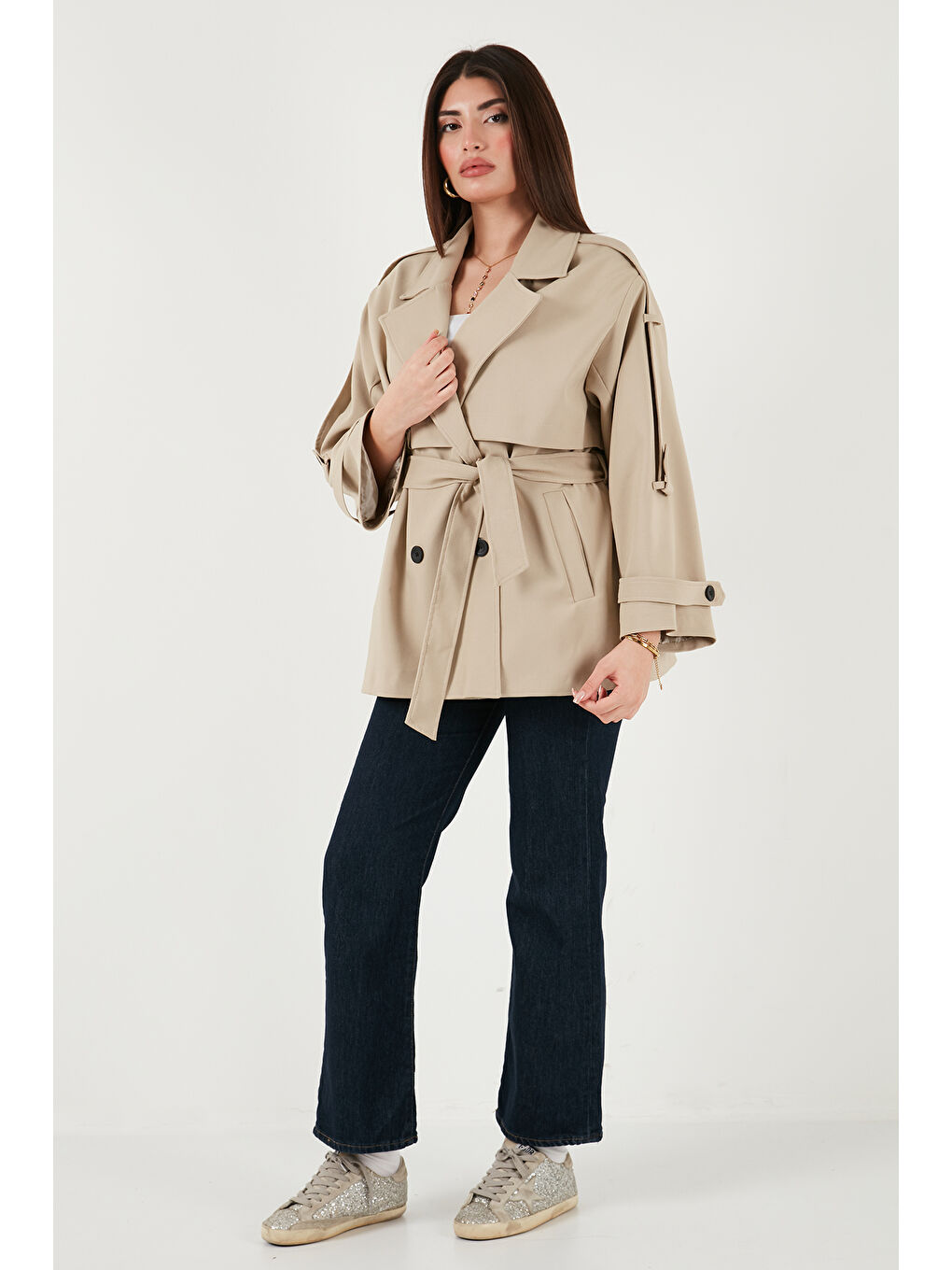 Kahverengi Relaxed Fit Kruvaze Yaka Düğmeli Astarlı Trençkot 6839580-1