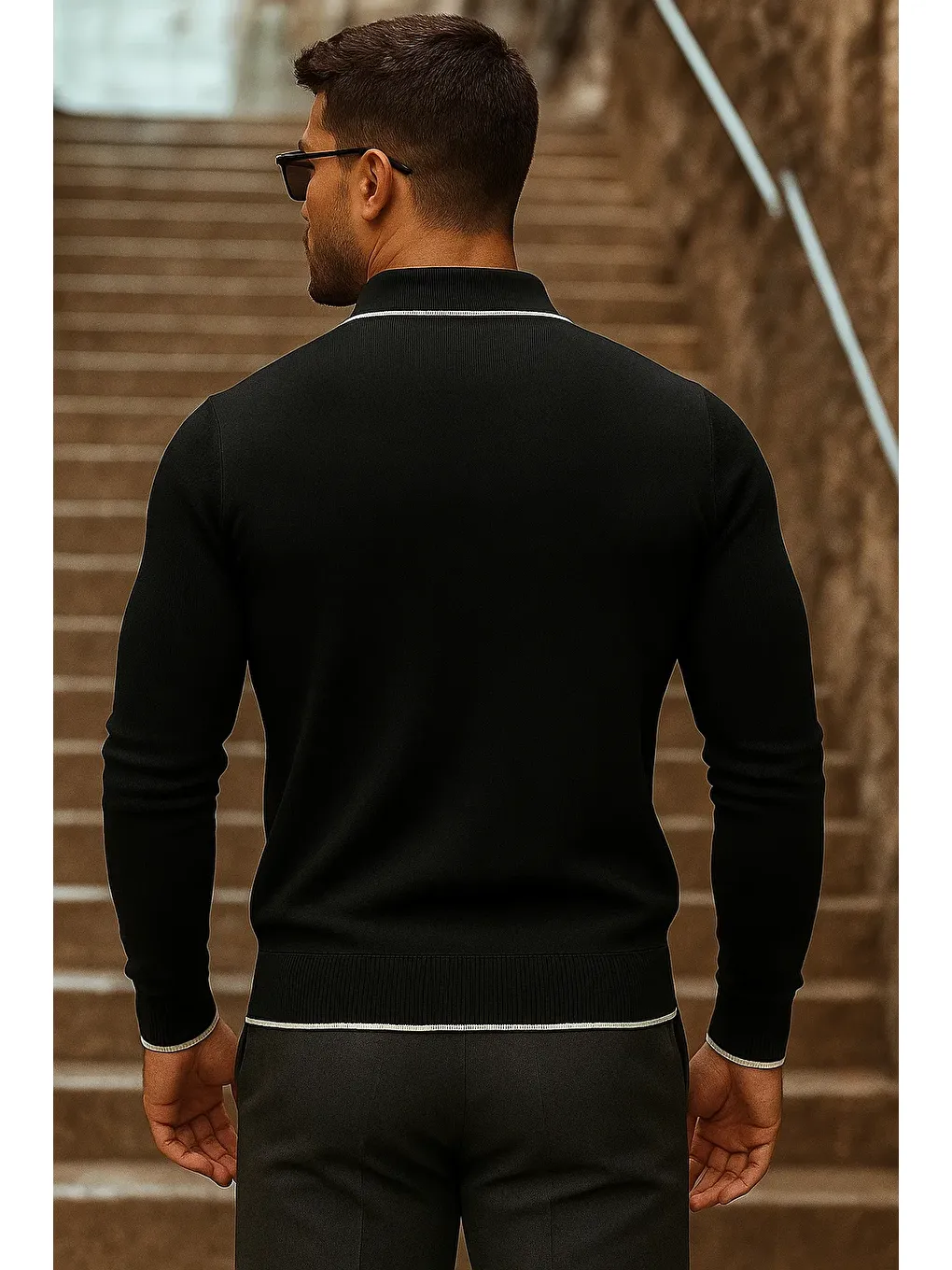 Erkek Trend Fermuarlı Uzun Kollu Siyah Polo Yaka Kazak-4