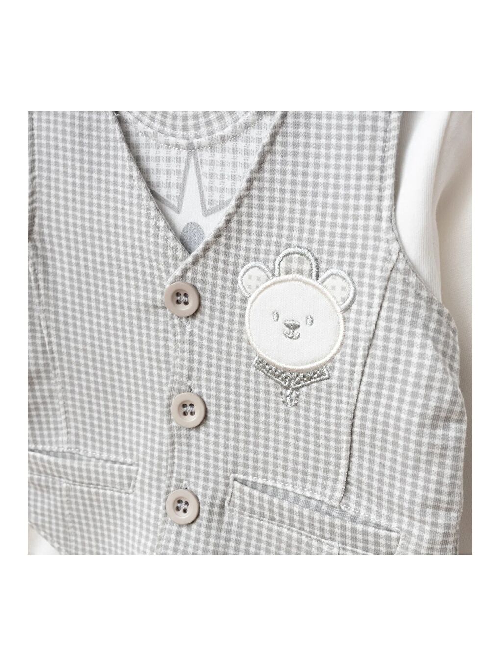 Gri Erkek Bebek Ayı Nakışlı Sweatshirt Yelek Pantolon 3 'lü Alt Üst Bebek Takımı 3 Ay - 36 Ay-1