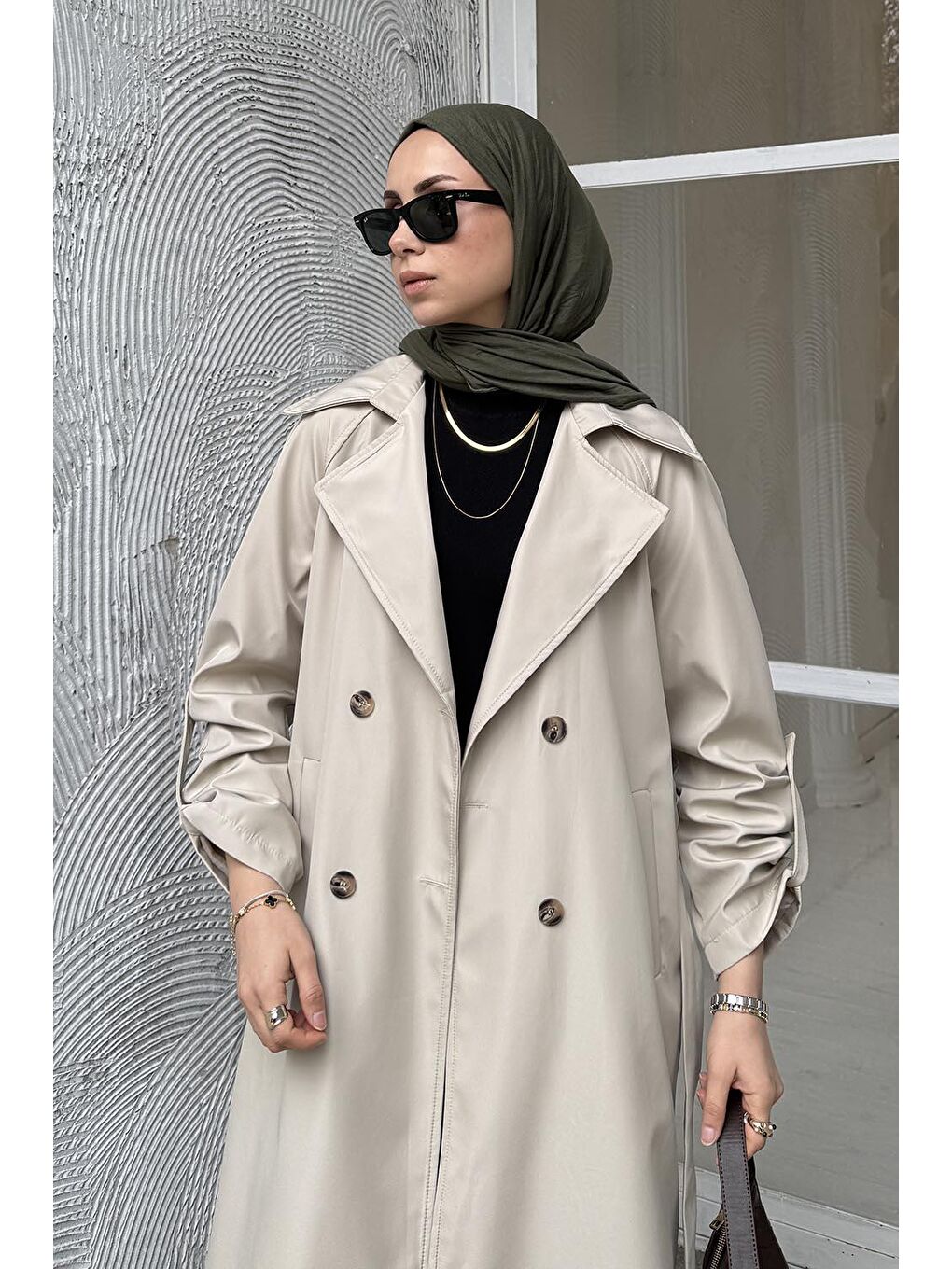 Bej Kolu Katlamalı Trenç Taş-2