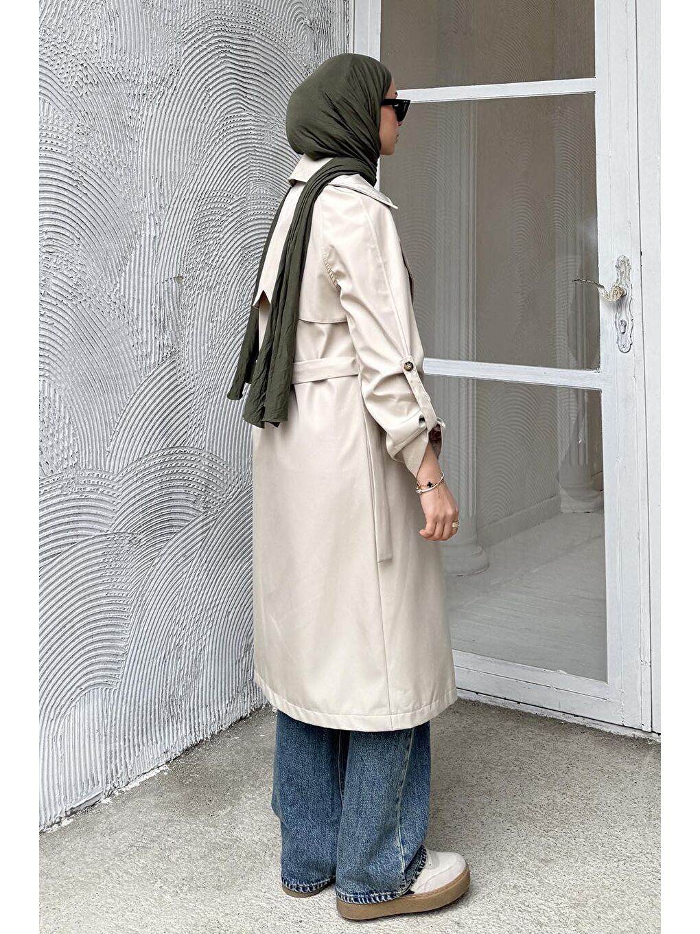 Bej Kolu Katlamalı Trenç Taş-3